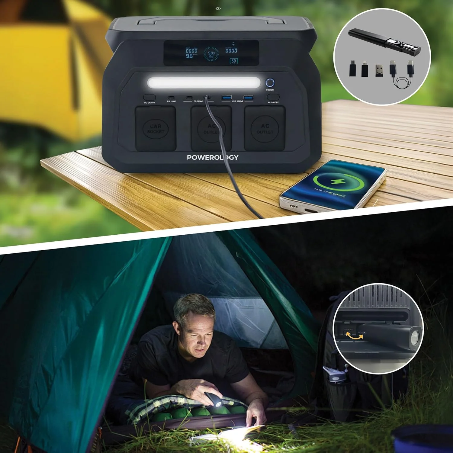 پاور استیشن قابل حمل پاورولوژی DYNAMIC800 [800W/512Wh]، PD 100W، 2 خروجی AC، ورودی شارژ خورشیدی، شارژ سریع، پورت های USB-A/USB-C/DC، ژنراتور قابل حمل برای لپ تاپ/ فضای باز/ کمپینگ/ تلفن/ RV