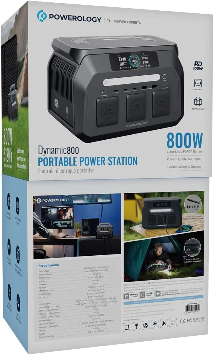 پاور استیشن قابل حمل پاورولوژی DYNAMIC800 [800W/512Wh]، PD 100W، 2 خروجی AC، ورودی شارژ خورشیدی، شارژ سریع، پورت های USB-A/USB-C/DC، ژنراتور قابل حمل برای لپ تاپ/ فضای باز/ کمپینگ/ تلفن/ RV