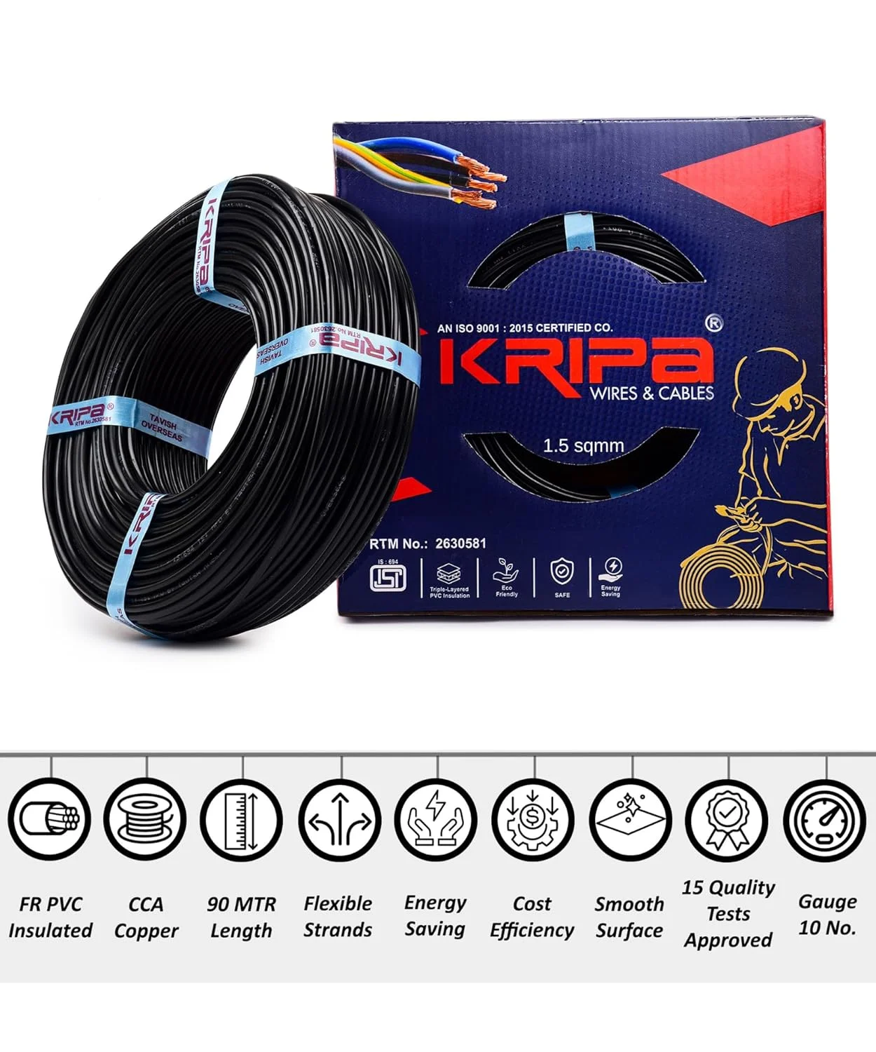 سیم برق تک رشته ای افشان خانگی کریپا 1.5 میلی متر مربع – کابل مسی CCA با عایق PVC مقاوم در برابر شعله 90 متری (مشکی) | گیج شماره 10 | سیم برق مقاوم در برابر شعله برای مصارف خانگی و صنعتی سیم برق تک رشته ای افشان خانگی کریپا 1.5 میلی متر مربع – کابل مسی CCA با عایق PVC مقاوم در برابر شعله 90 متری (مشکی) | گیج شماره 10 | سیم برق مقاوم در برابر شعله برای مصارف خانگی و صنعتی