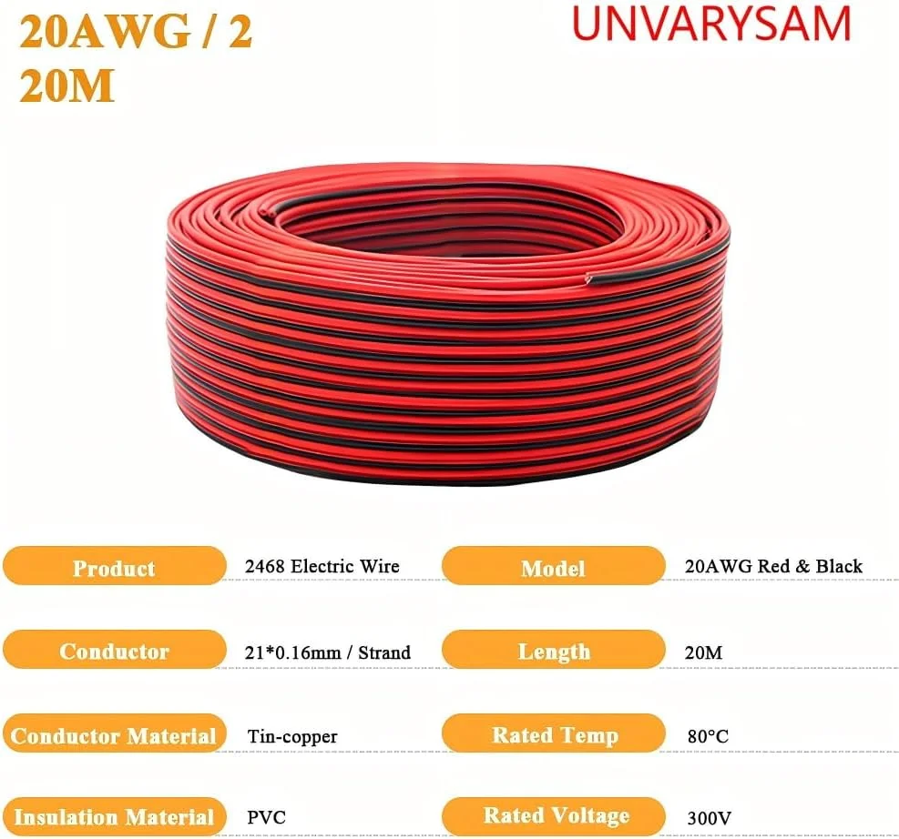 سیم برق افشان 20 AWG، 20 متر، قرمز/مشکی، سیم 2 رشته، سیم ولتاژ پایین 20 گیج، کابل برق مسی قلع اندود برای خانه، چراغ LED، لامپ به همراه 10 عدد اتصال دهنده سیم رایگان سیم برق افشان 20 AWG، 20 متر، قرمز/مشکی، سیم 2 رشته، سیم ولتاژ پایین 20 گیج، کابل برق مسی قلع اندود برای خانه، چراغ LED، لامپ به همراه 10 عدد اتصال دهنده سیم رایگان