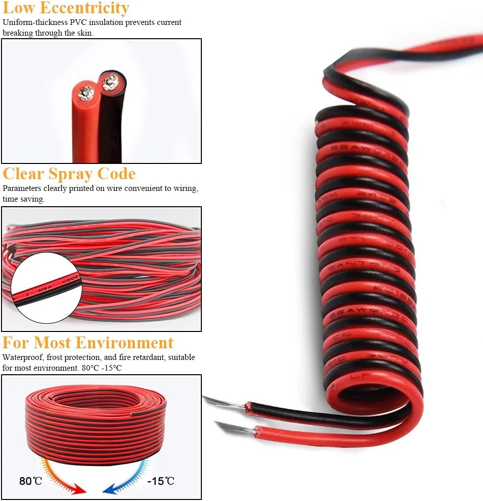 سیم برق افشان 20 AWG، 20 متر، قرمز/مشکی، سیم 2 رشته، سیم ولتاژ پایین 20 گیج، کابل برق مسی قلع اندود برای خانه، چراغ LED، لامپ به همراه 10 عدد اتصال دهنده سیم رایگان سیم برق افشان 20 AWG، 20 متر، قرمز/مشکی، سیم 2 رشته، سیم ولتاژ پایین 20 گیج، کابل برق مسی قلع اندود برای خانه، چراغ LED، لامپ به همراه 10 عدد اتصال دهنده سیم رایگان