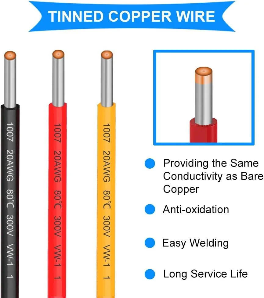 کیت سیم قلاب دار 20AWG، سیم برق گیج 20 (7 متر در هر سیم)، عایق PVC 300 ولت، سیم های مسی قلع اندود جامد 3 رنگ (مشکی/قرمز/زرد) برای DIY/ماشین اسباب بازی/مدل کیت سیم قلاب دار 20AWG، سیم برق گیج 20 (7 متر در هر سیم)، عایق PVC 300 ولت، سیم های مسی قلع اندود جامد 3 رنگ (مشکی/قرمز/زرد) برای DIY/ماشین اسباب بازی/مدل