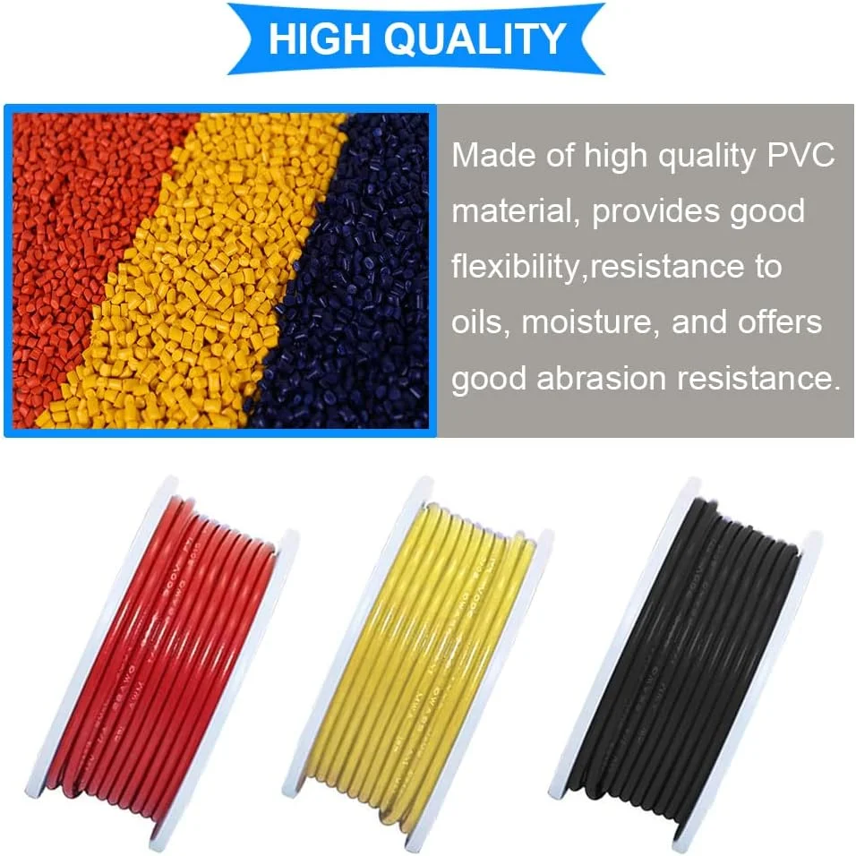 کیت سیم قلاب دار 20AWG، سیم برق گیج 20 (7 متر در هر سیم)، عایق PVC 300 ولت، سیم های مسی قلع اندود جامد 3 رنگ (مشکی/قرمز/زرد) برای DIY/ماشین اسباب بازی/مدل کیت سیم قلاب دار 20AWG، سیم برق گیج 20 (7 متر در هر سیم)، عایق PVC 300 ولت، سیم های مسی قلع اندود جامد 3 رنگ (مشکی/قرمز/زرد) برای DIY/ماشین اسباب بازی/مدل