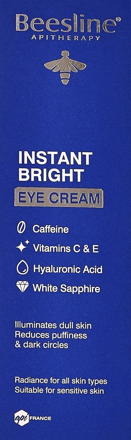 کرم دور چشم روشن کننده فوری Beesline برای ضد پیری، چروک و تیرگی، حاوی کافئین، ویتامین های C و E، هیالورونیک اسید و یاقوت کبود سفید، مناسب برای پوست حساس، 15 میلی لیتر