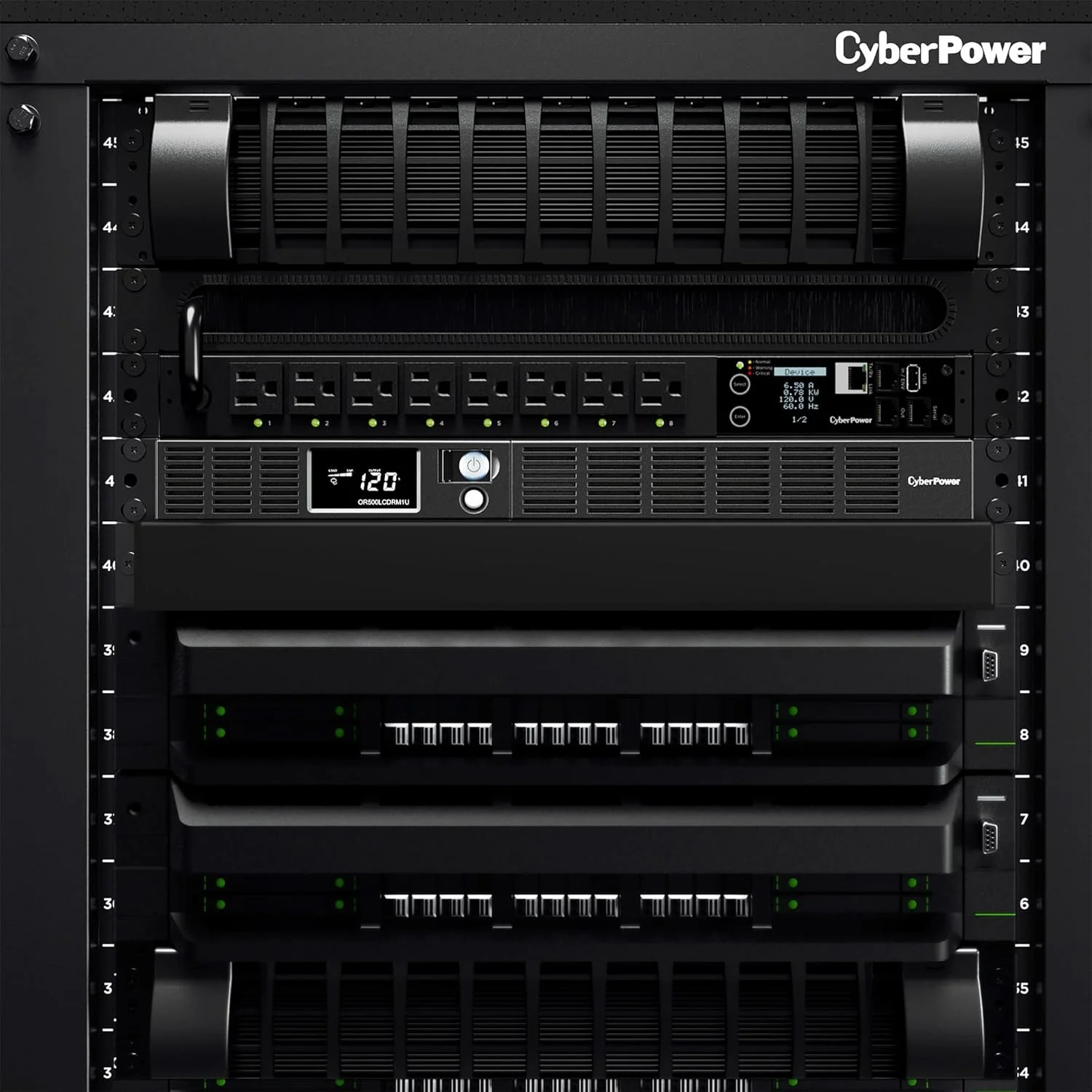 منبع تغذیه بدون وقفه هوشمند CyberPower OR500LCDRM1U با صفحه نمایش LCD، توان 500VA/300W، دارای 6 خروجی، AVR، قابل نصب در رک 1U