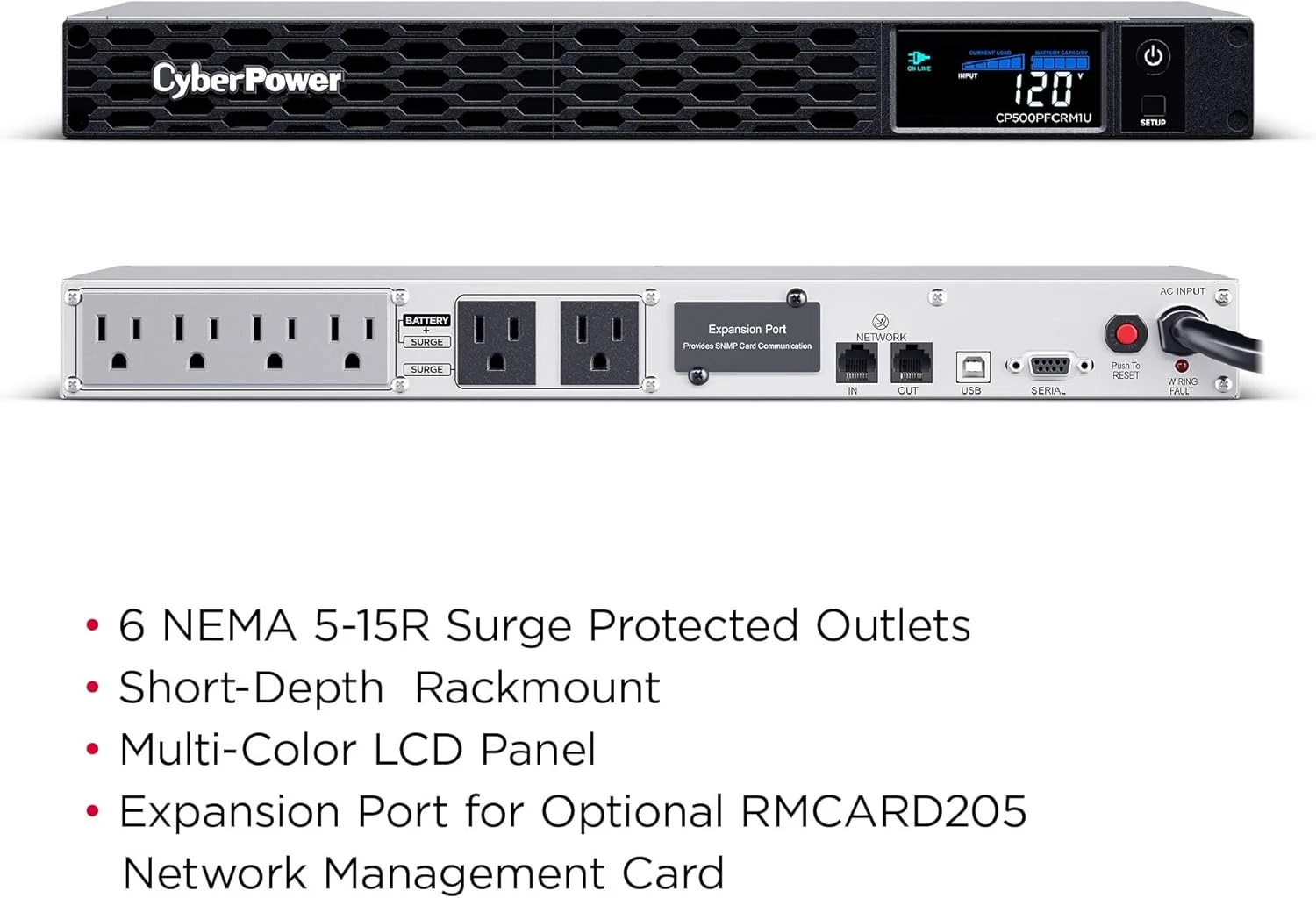 منبع تغذیه پشتیبان باتری و محافظ نوسانات برق سینوسی CyberPower CP500PFCRM1U، 500VA/300W، 6 خروجی، AVR، نصب در رک 1U؛ دارای گواهی UL