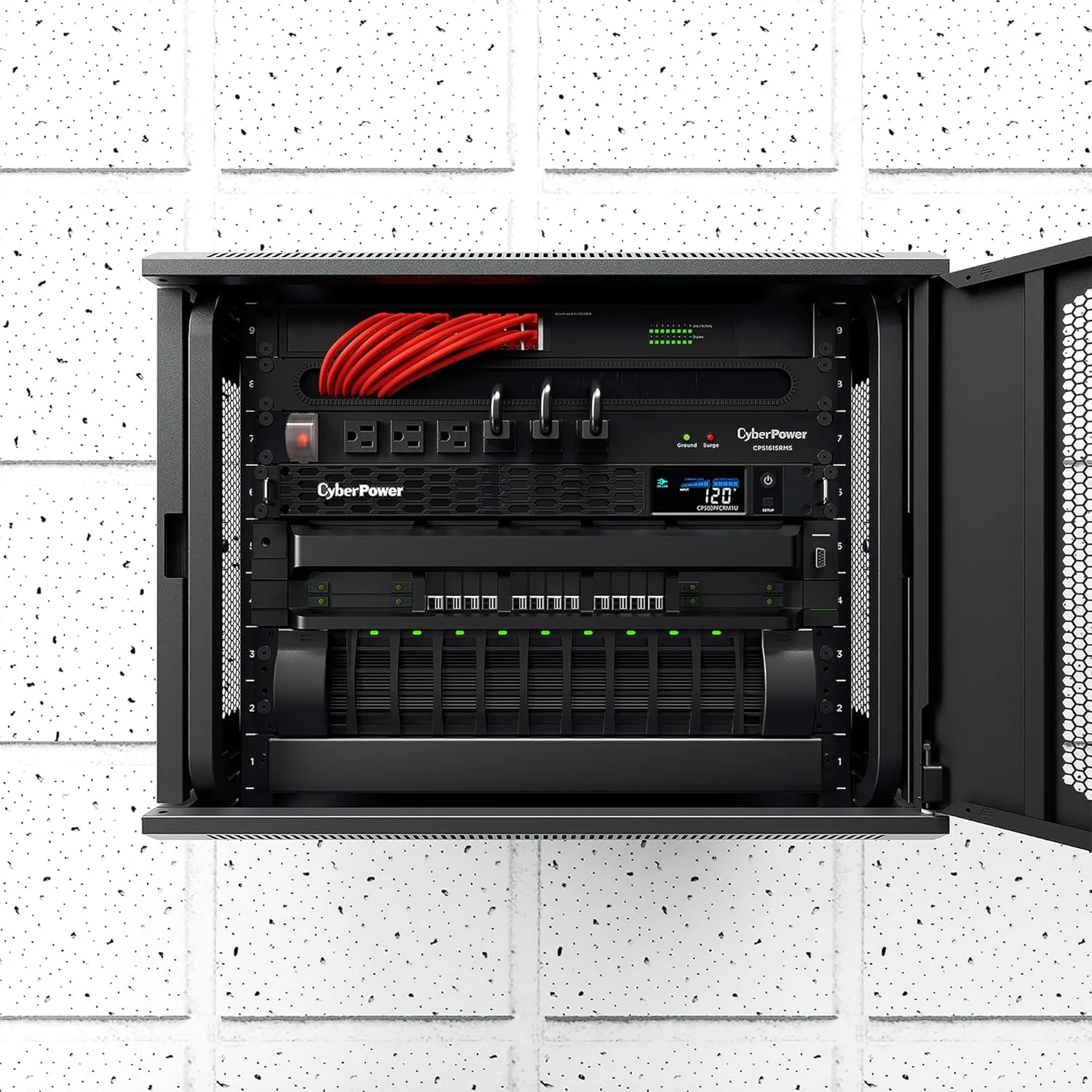 منبع تغذیه پشتیبان باتری و محافظ نوسانات برق سینوسی CyberPower CP500PFCRM1U، 500VA/300W، 6 خروجی، AVR، نصب در رک 1U؛ دارای گواهی UL