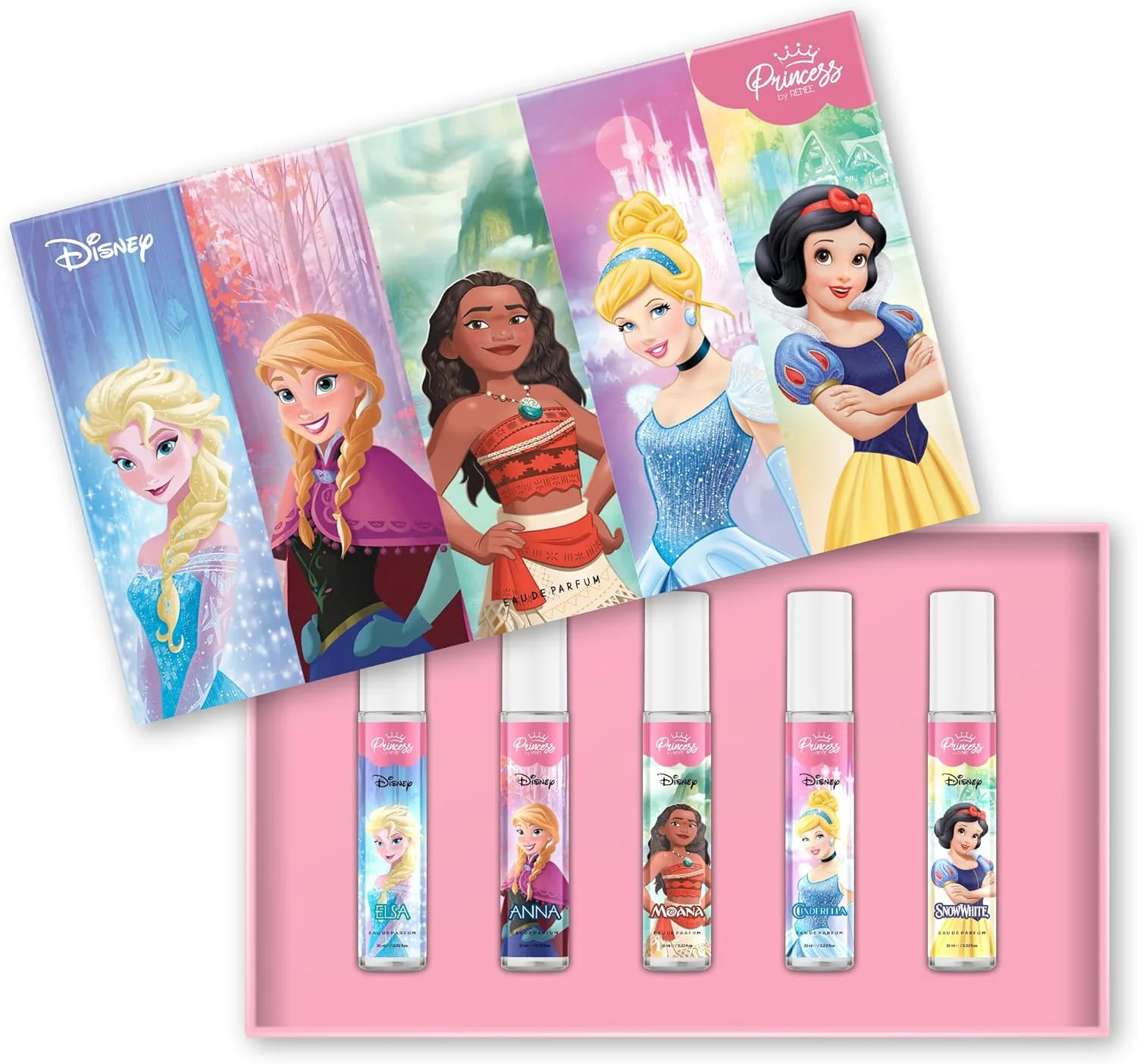 مجموعه عطر پرنسس از رنه، با الهام از افسانه‌های دیزنی، ترکیبی خوشمزه از رایحه‌های میوه‌ای، گلی و ادویه‌ای، بدون تست حیوانی و وگان، ملایم و سازگار با پوست، مناسب برای پرنسس‌های جوان، بسته 5 عددی