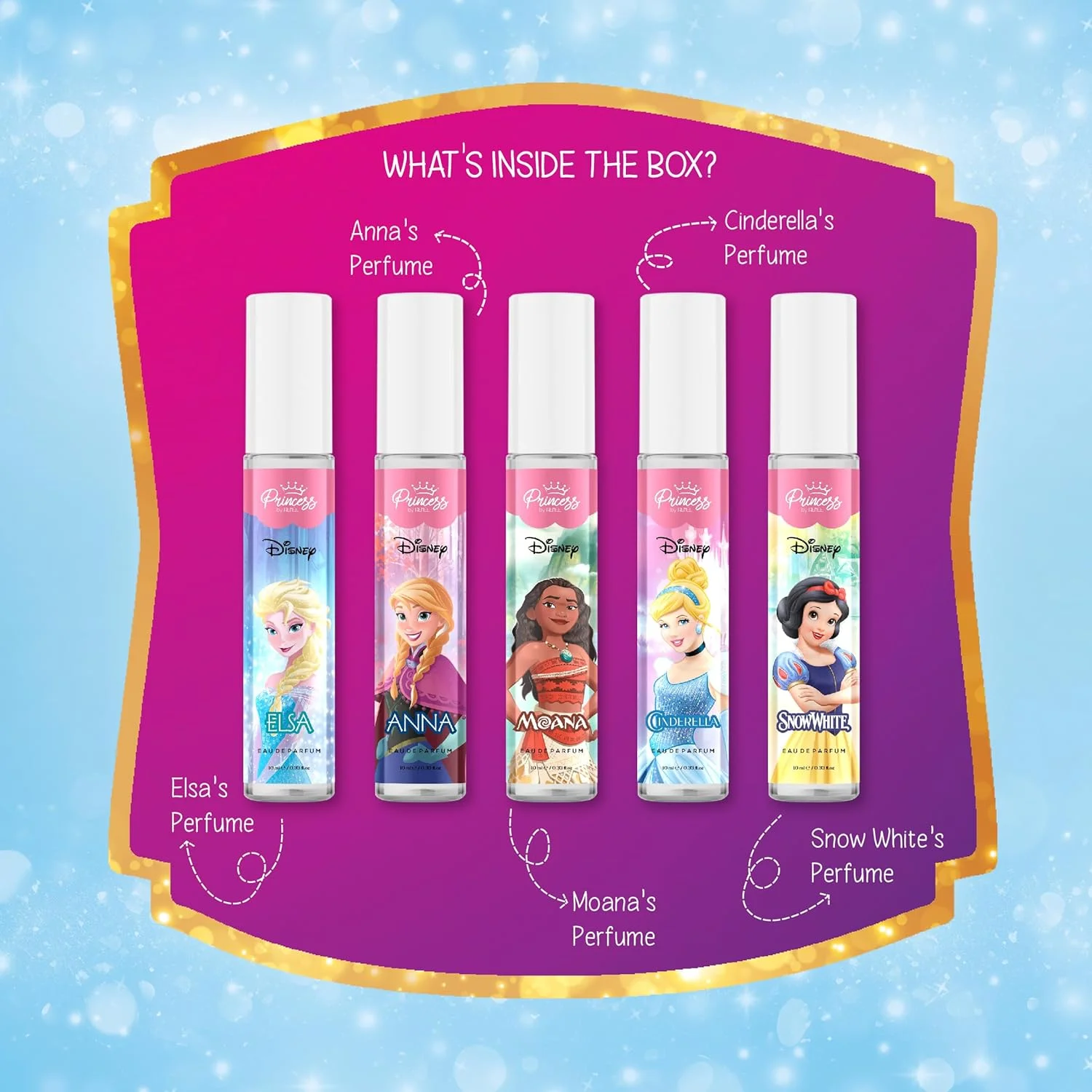 مجموعه عطر پرنسس از رنه، با الهام از افسانه‌های دیزنی، ترکیبی خوشمزه از رایحه‌های میوه‌ای، گلی و ادویه‌ای، بدون تست حیوانی و وگان، ملایم و سازگار با پوست، مناسب برای پرنسس‌های جوان، بسته 5 عددی