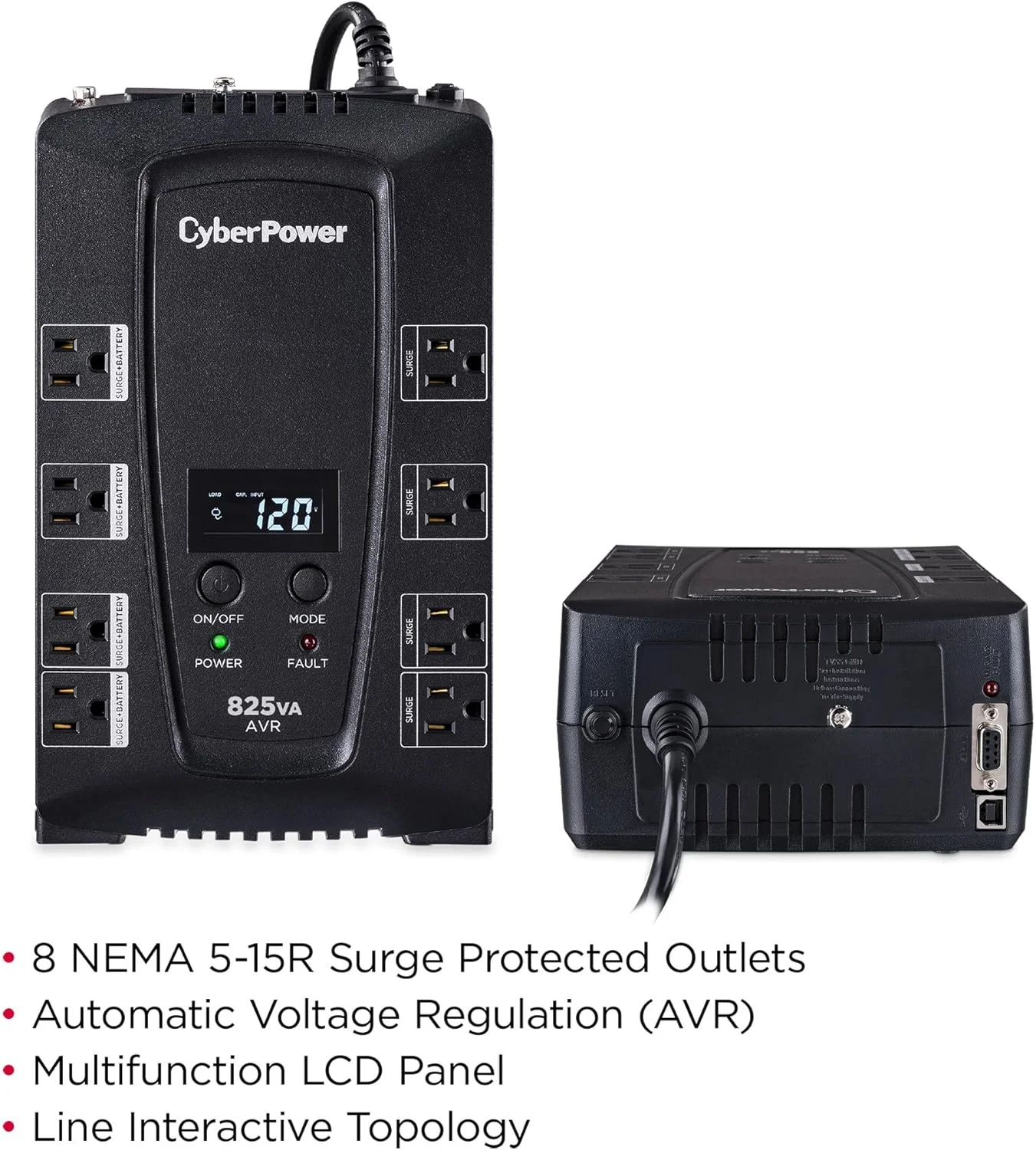 سیستم محافظ برق هوشمند ال سی دی CyberPower CP825AVRLCD، 825VA/450W، 8 خروجی، AVR، جمع و جور