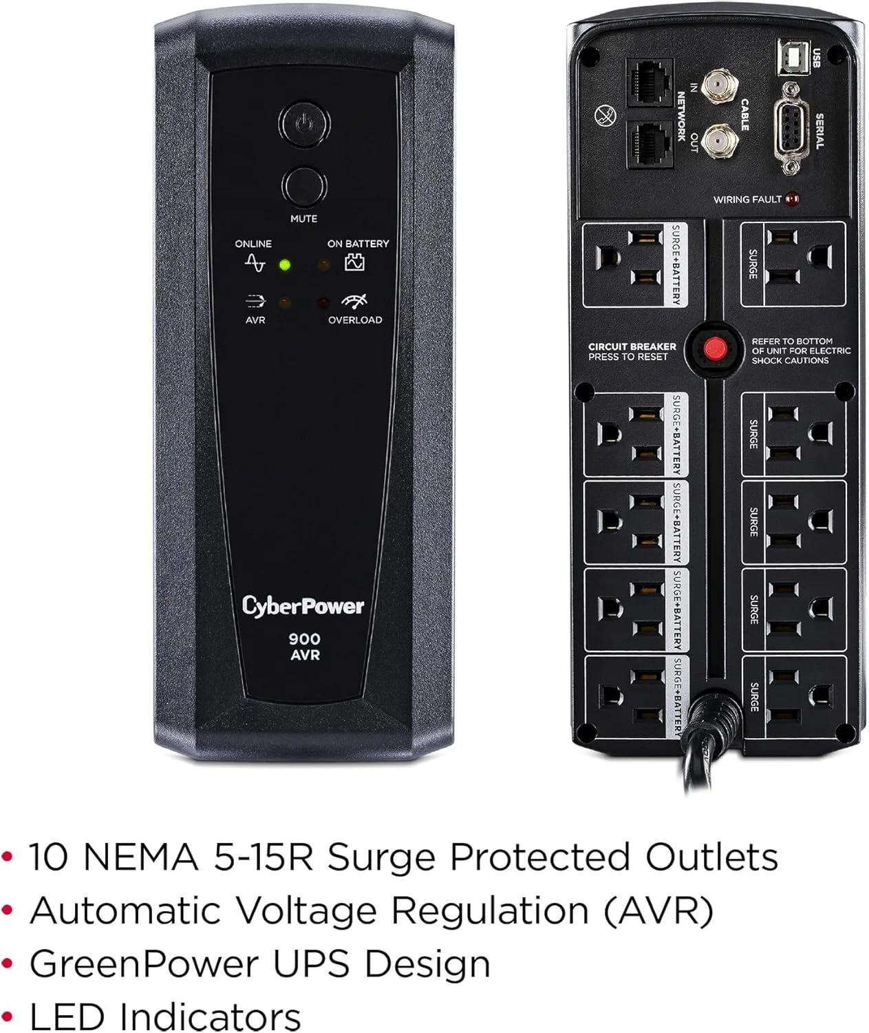 محافظ برق و باتری پشتیبان سایبرپاور CP900AVR، 900VA/560W، دارای 10 خروجی، مدل Mini-Tower، دارای گواهینامه UL