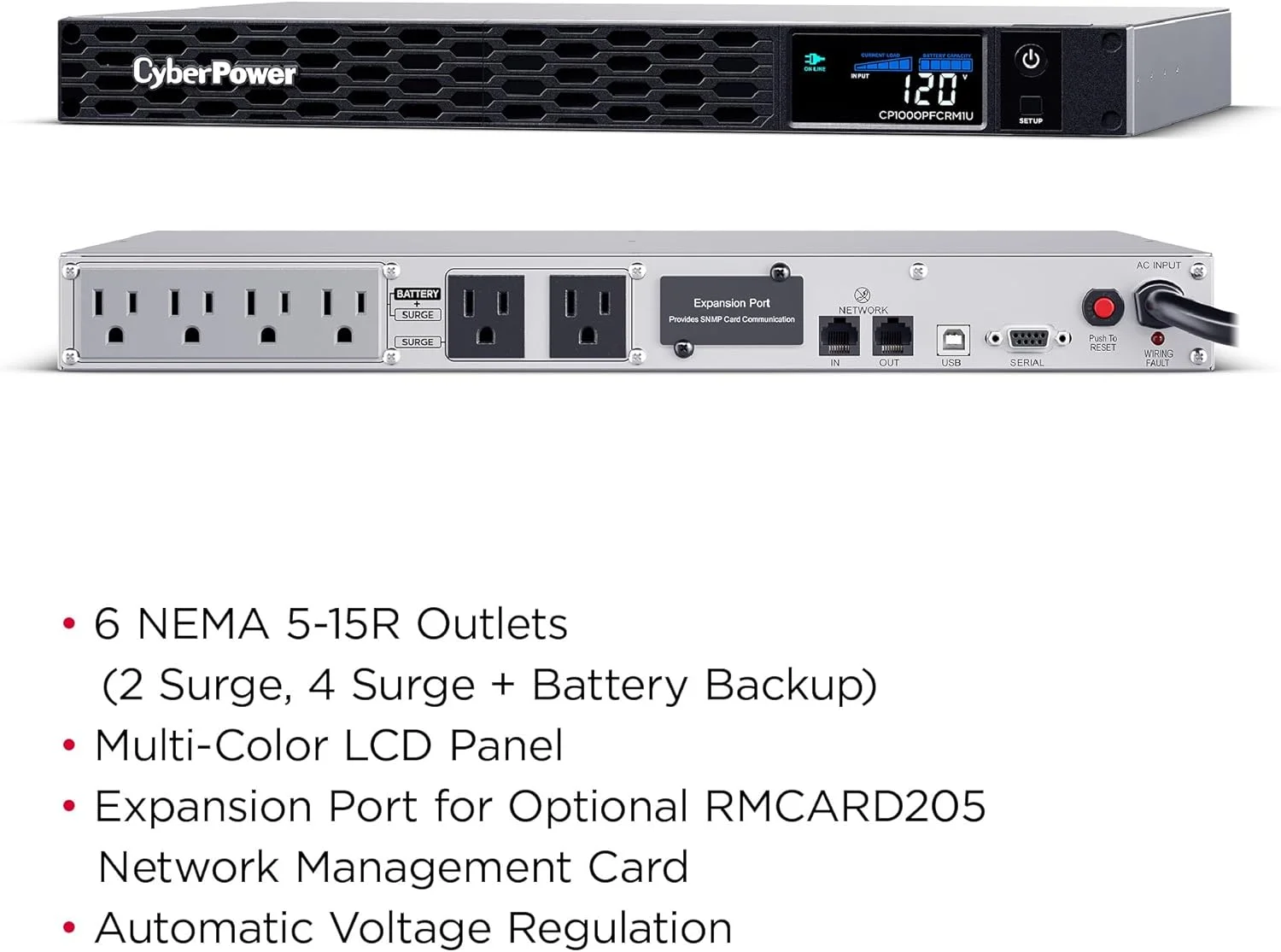 محافظ برق و پشتیبان باتری سینوسی سایبرپاور مدل CP1000PFCRM1U، ظرفیت 1000VA/600W، دارای 6 پریز، AVR، قابل نصب در رک 1U، دارای گواهینامه UL