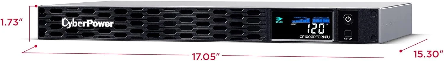 محافظ برق و پشتیبان باتری سینوسی سایبرپاور مدل CP1000PFCRM1U، ظرفیت 1000VA/600W، دارای 6 پریز، AVR، قابل نصب در رک 1U، دارای گواهینامه UL