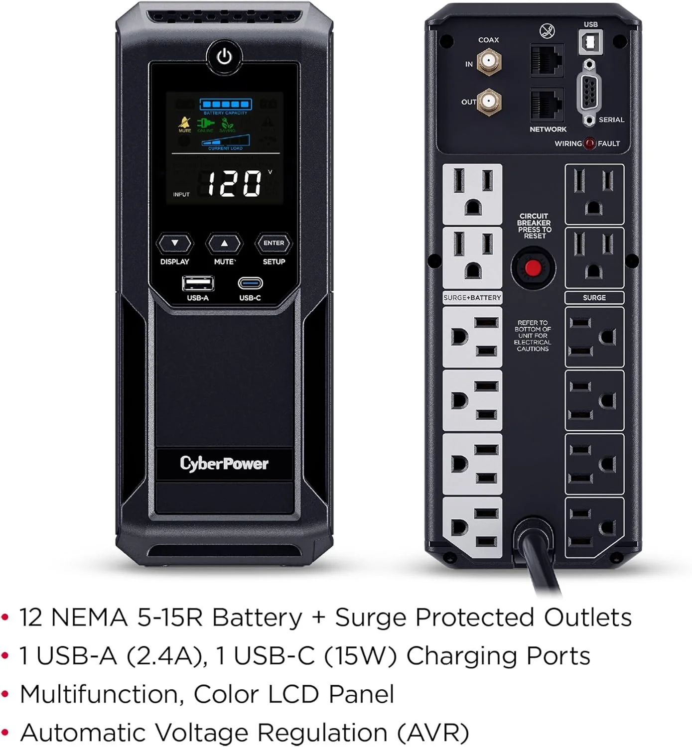 سیستم محافظ برق هوشمند ال سی دی CyberPower CP1500AVRLCD3، 1500VA/900W، 12 خروجی، 2 پورت USB، AVR، مینی تاور، مشکی سیستم محافظ برق هوشمند ال سی دی CyberPower CP1500AVRLCD3، 1500VA/900W، 12 خروجی، 2 پورت USB، AVR، مینی تاور، مشکی