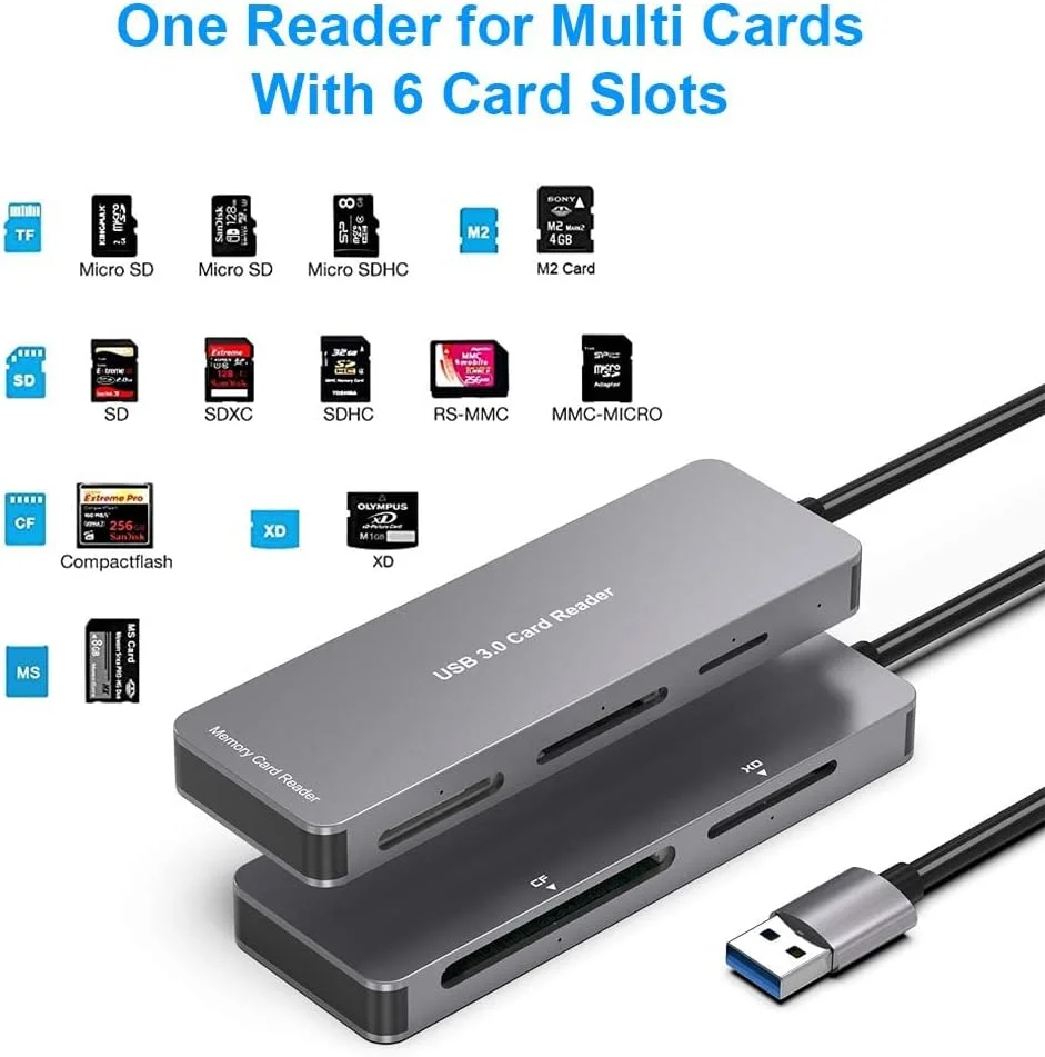 کارت خوان حافظه USB آزونی، آداپتور کارت خوان حافظه 5 در 1 USB 3.0 سرعت خواندن و نوشتن تا 5 گیگابیت بر ثانیه، کارت خوان چندگانه 5 در 1 برای SD/TF/CF/Micro SD/MS/M2/XD
