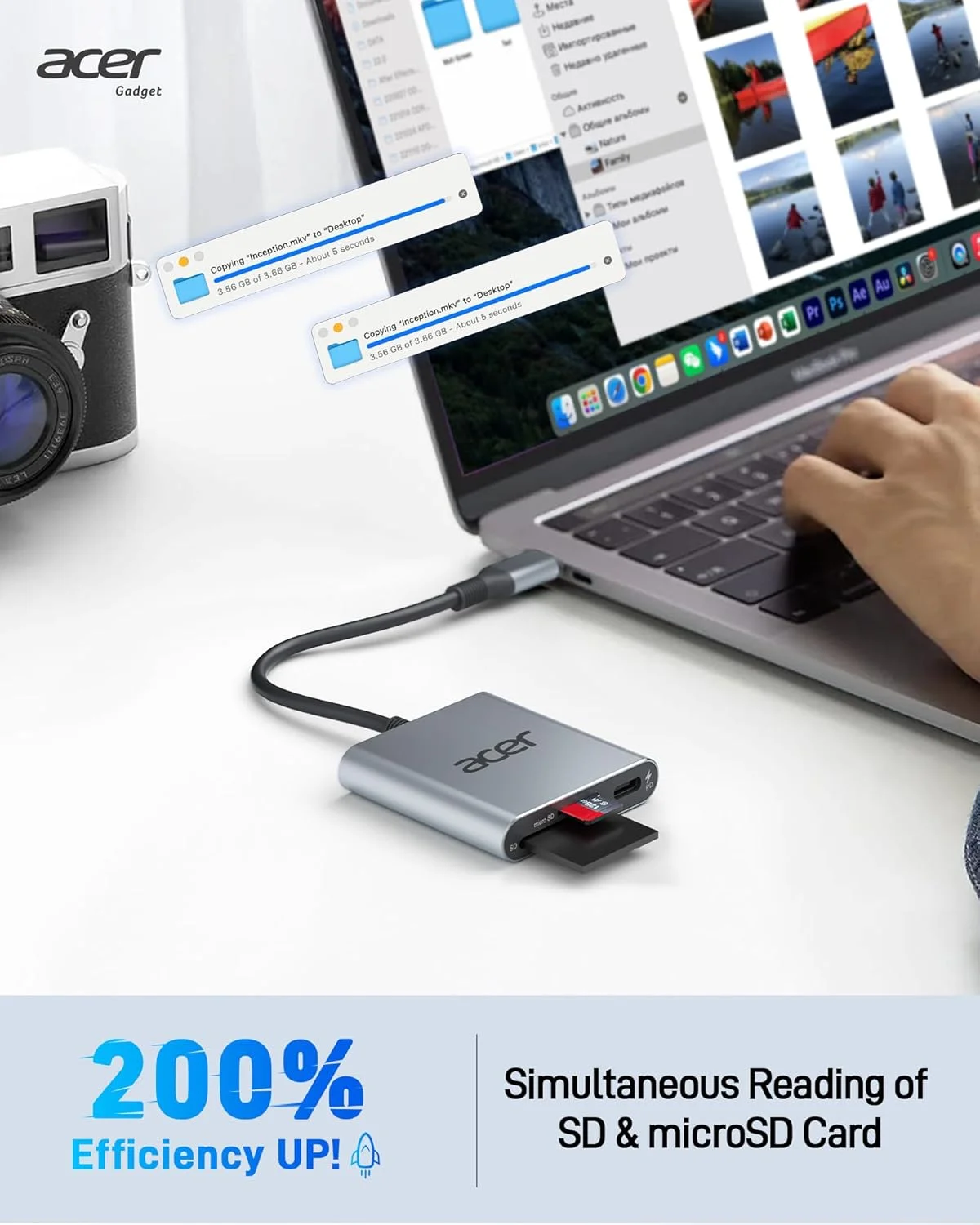 کارت خوان Acer UHS-II USB C SD [PD 100W] آداپتور 3 در 1 Type-C SD 4.0 برای MicroSD, SDXC, SDHC, MMC, RS-MMC سازگار با iPhone 16/15, MacBook, لپ تاپ, تبلت, دوربین