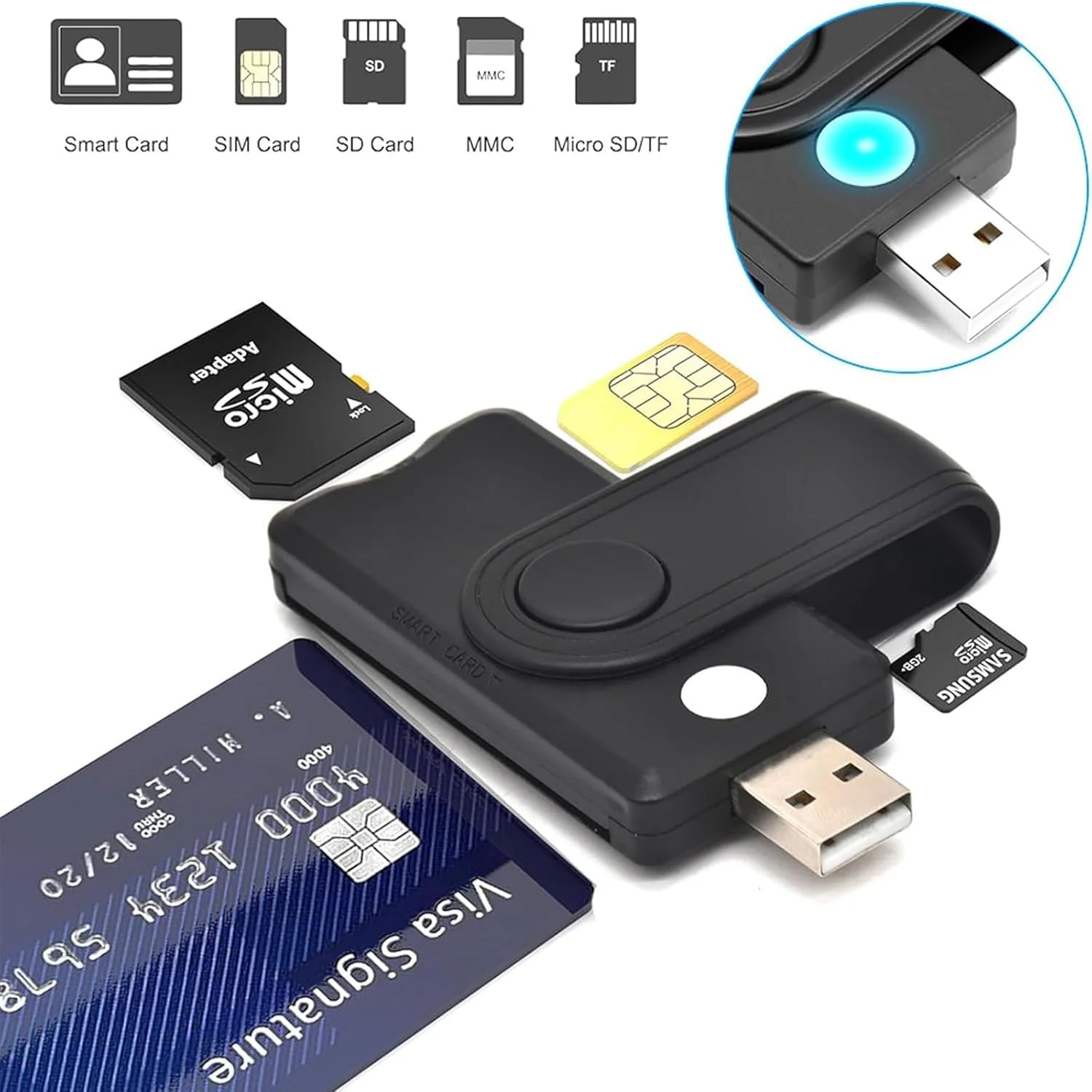 کارت خوان هوشمند CAC، آداپتور کارت 5 در 1 USB SIM/SD/TF/ID/IC سازگار با ویندوز، لینوکس/یونیکس، MacOS X