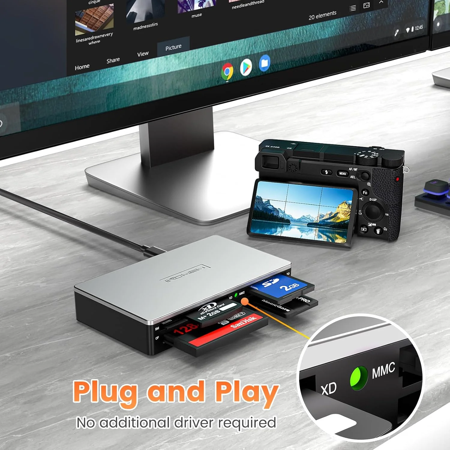 کارت خوان/نویسنده کارت حافظه هوشمند همه کاره USB، آداپتور چند کارته باریک، خواندن کارت های حافظه Smart Media, xD, SD, SDHC, SDXC, UHS-I, MMC, MS Pro Duo, CF, MD, دوربین برای ویندوز، مک، لینوکس