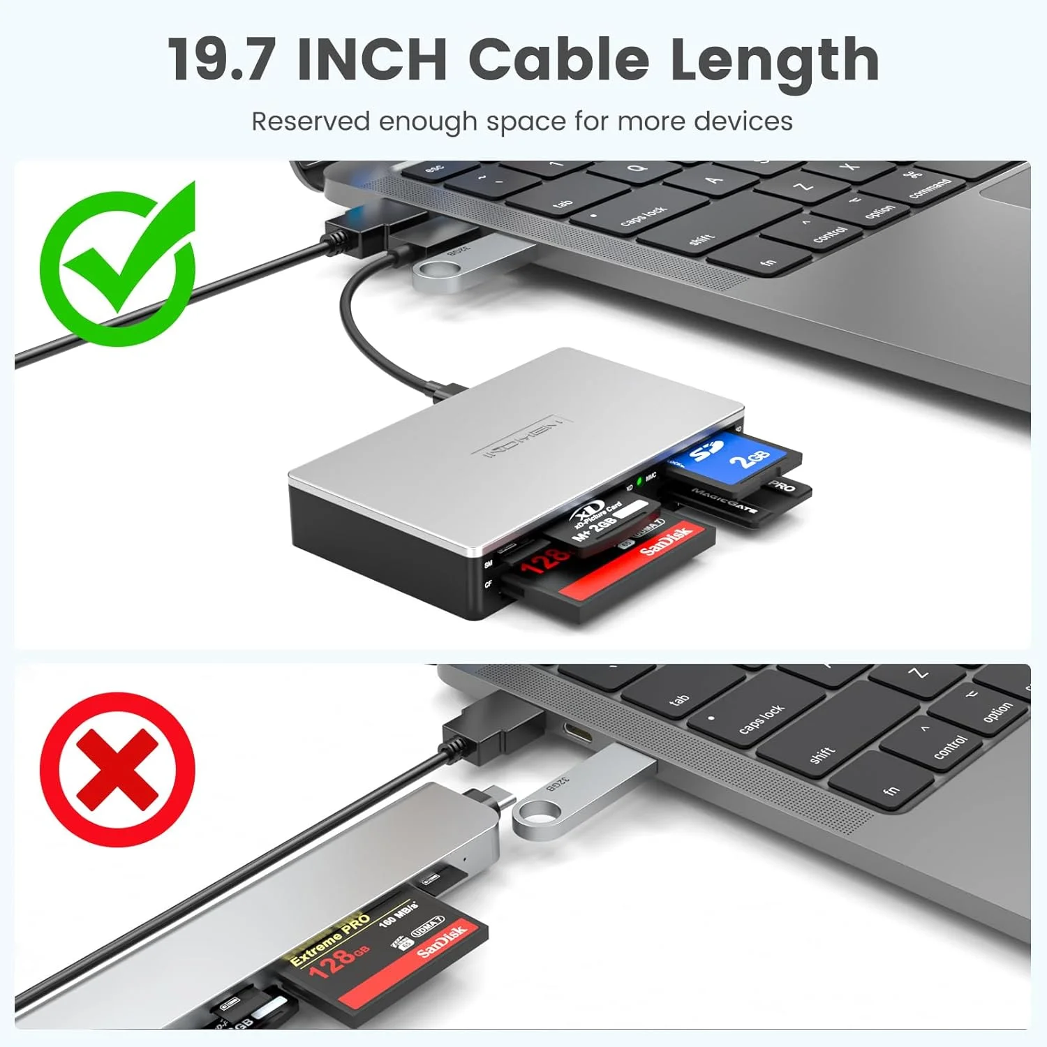 کارت خوان/نویسنده کارت حافظه هوشمند همه کاره USB، آداپتور چند کارته باریک، خواندن کارت های حافظه Smart Media, xD, SD, SDHC, SDXC, UHS-I, MMC, MS Pro Duo, CF, MD, دوربین برای ویندوز، مک، لینوکس