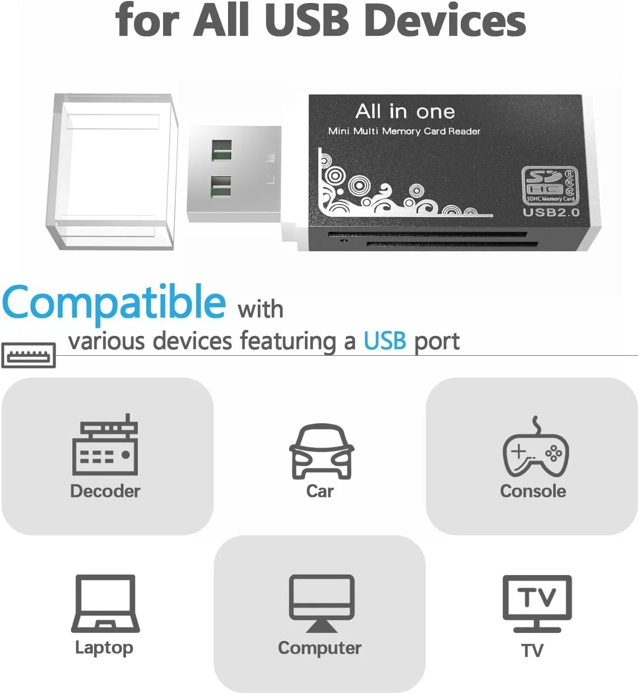 کارت خوان میکرو SD تریفی USB 2.0، آداپتور USB چهار اسلاته 4 در 1 برای MS Duo/Pro، M2، SDXC، SDHC، MMC، RS-MMC، Micro SDXC، Micro SDHC و کارت TF، 480 مگابیت بر ثانیه، سازگار با WIN XP 7 8 10 11، Mac، Linux، Vista