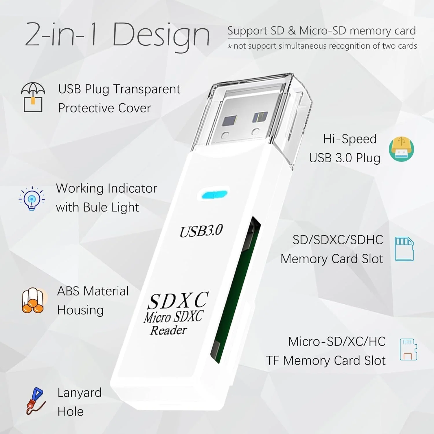 کارت خوان میکرو SD با USB 3.0، آداپتور کارت خوان SD به USB با سرعت 5 گیگابیت بر ثانیه، کارت خوان حافظه برای کارت های SDXC، SDHC، MMC، RS-MMC، Micro SDXC، Micro SD، Micro SDHC و UHS-I (سفید تک عددی)