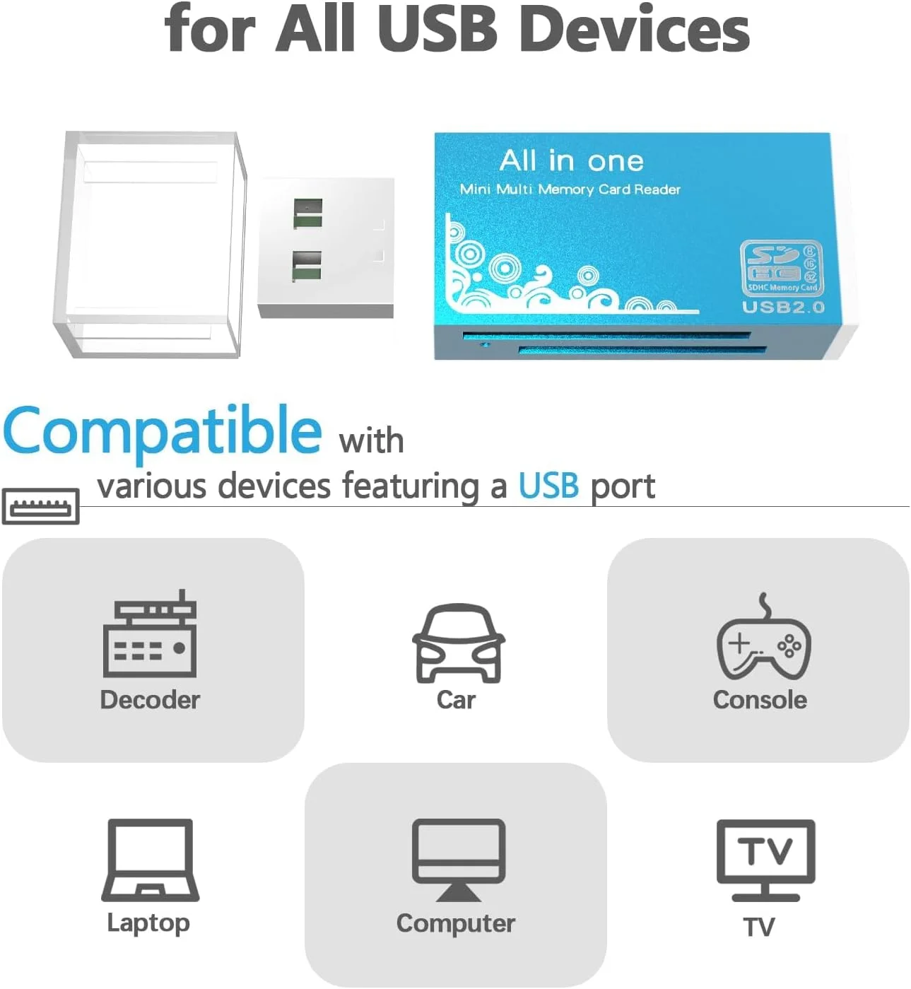 کارت خوان میکرو SD USB 2.0، آداپتور USB 4 در 1 با 4 اسلات برای MS Duo/Pro، M2، SDXC، SDHC، MMC، RS-MMC، Micro SDXC، Micro SDHC و کارت TF، 480 مگابیت بر ثانیه، سازگار با WIN XP 7 8 10 11، Mac، Linux، Vista، آبی