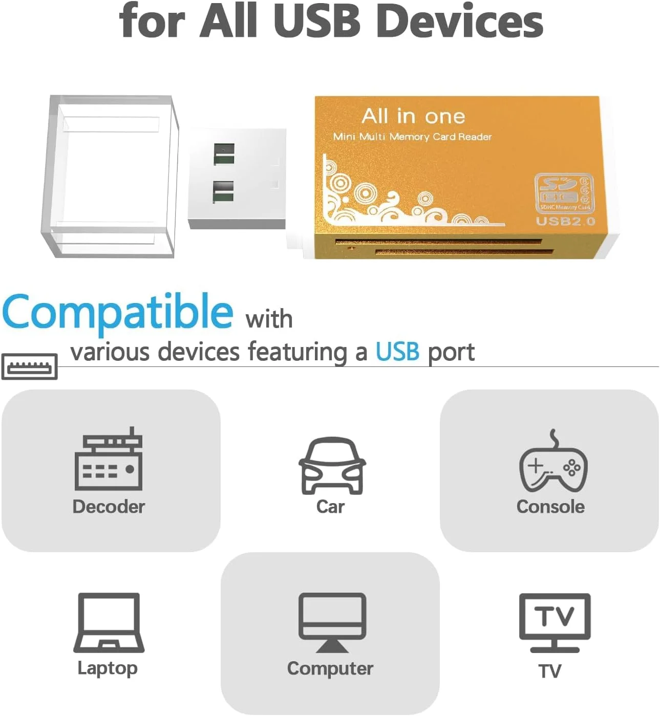 کارت خوان میکرو SD USB 2.0، آداپتور USB چهار در یک با 4 اسلات برای MS Duo/Pro، M2، SDXC، SDHC، MMC، RS-MMC، Micro SDXC، Micro SDHC و کارت TF، 480 مگابیت بر ثانیه، سازگار با WIN XP 7 8 10 11، Mac، Linux، Vista، زرد