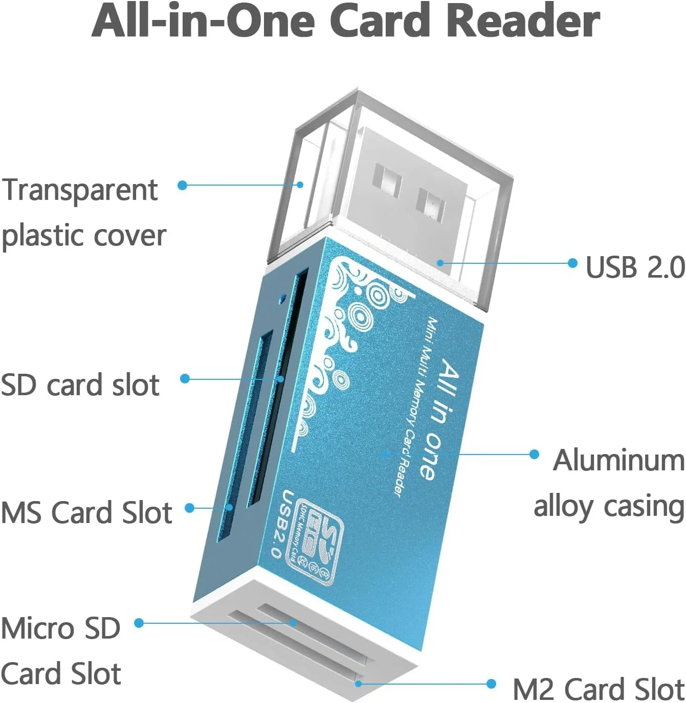 کارت خوان میکرو SD USB 2.0، آداپتور USB 4 در 1 با 4 اسلات برای MS Duo/Pro، M2، SDXC، SDHC، MMC، RS-MMC، Micro SDXC، Micro SDHC و کارت TF، 480 مگابیت بر ثانیه، سازگار با WIN XP 7 8 10 11، Mac، Linux، Vista، آبی