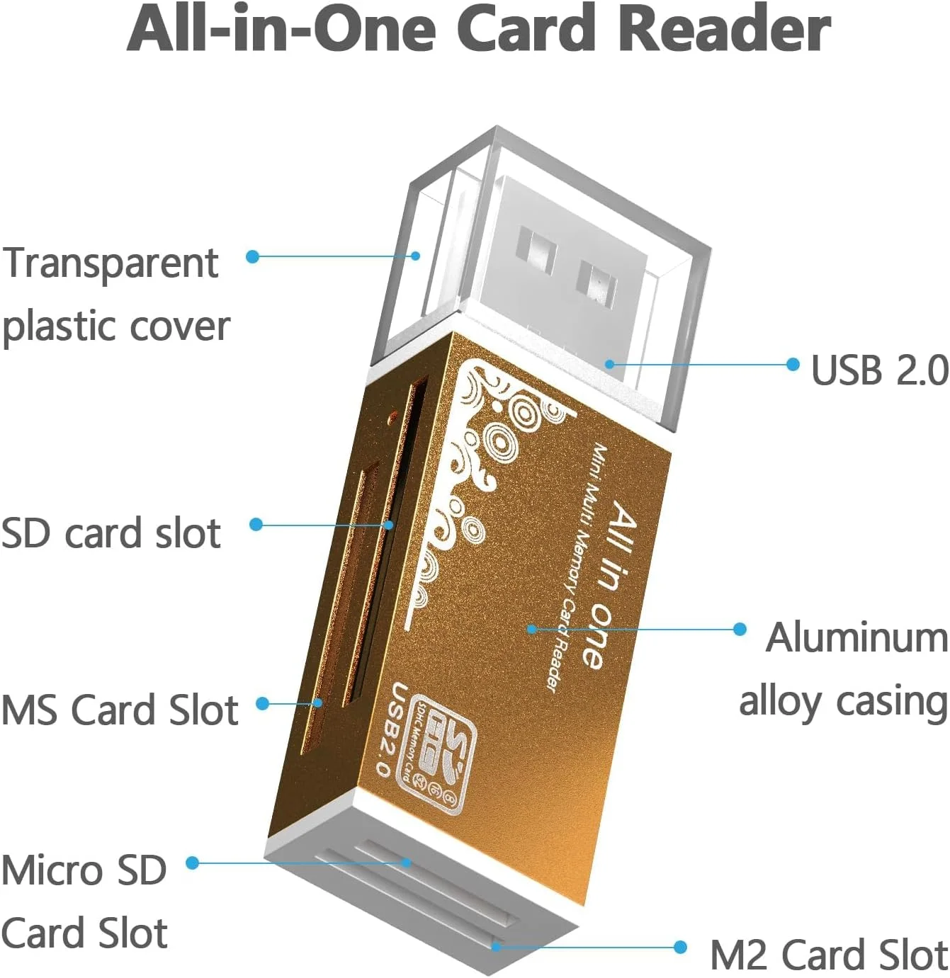 کارت خوان میکرو SD USB 2.0، آداپتور USB چهار در یک با 4 اسلات برای MS Duo/Pro، M2، SDXC، SDHC، MMC، RS-MMC، Micro SDXC، Micro SDHC و کارت TF، 480 مگابیت بر ثانیه، سازگار با WIN XP 7 8 10 11، Mac، Linux، Vista، زرد