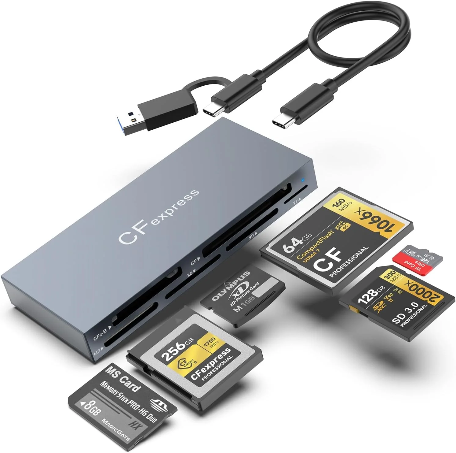 کارت خوان 6 در 1 NALACAL برای CFexpress/XD/CF/SD/TF/MS با پورت USB C و USB 3.2 (10Gbps)، کارت خوان SD برای ویندوز 10/8.1/8/7/Vista/XP، مک OS، لینوکس، اندروید، Plug and Play