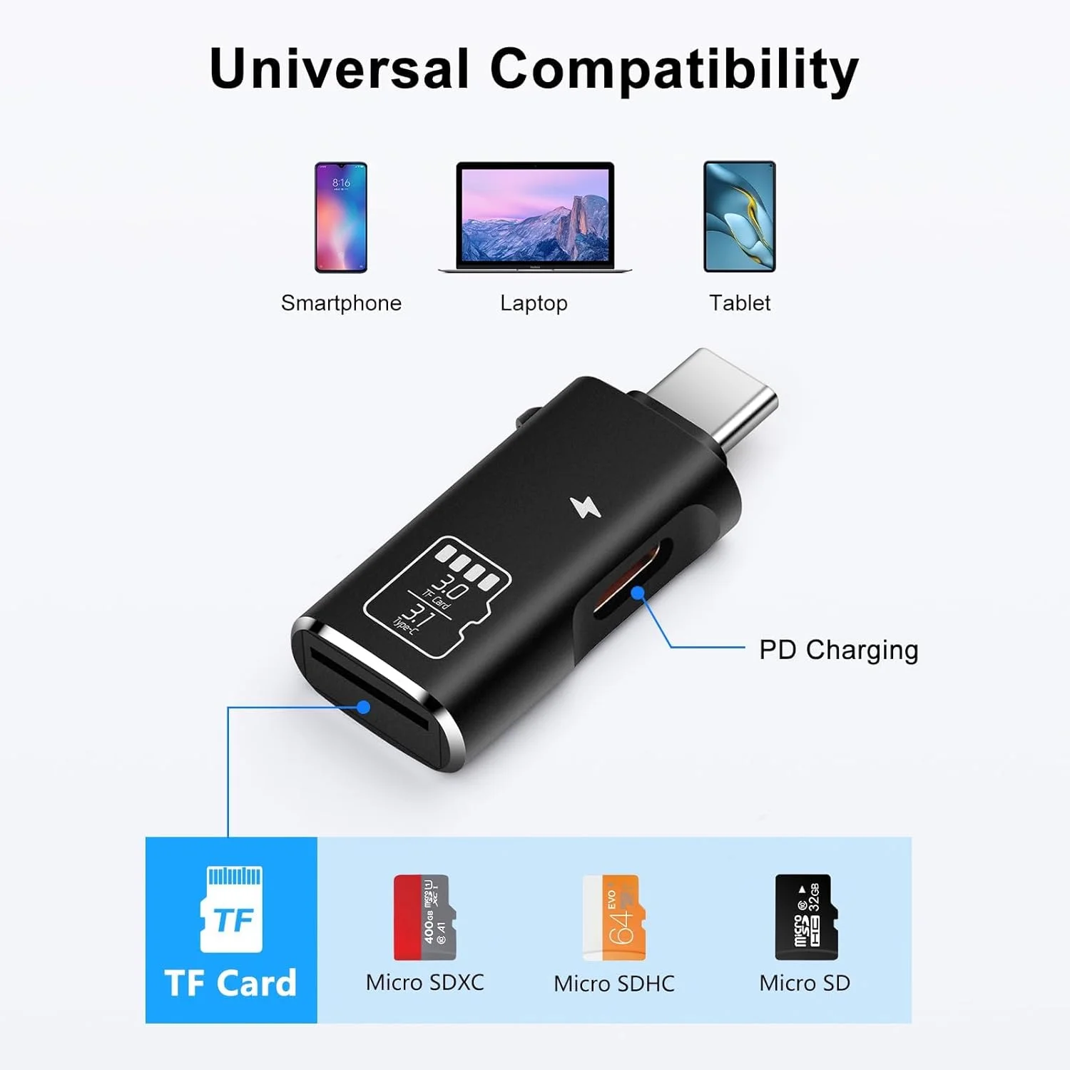 کارت خوان TF نالاکال، کارت خوان میکرو SD و شارژ PD تایپ C 15 واتی، آداپتور کارت خوان حافظه TF تایپ C سازگار با لپ تاپ ها، مک بوک، سامسونگ گلکسی (مشکی)