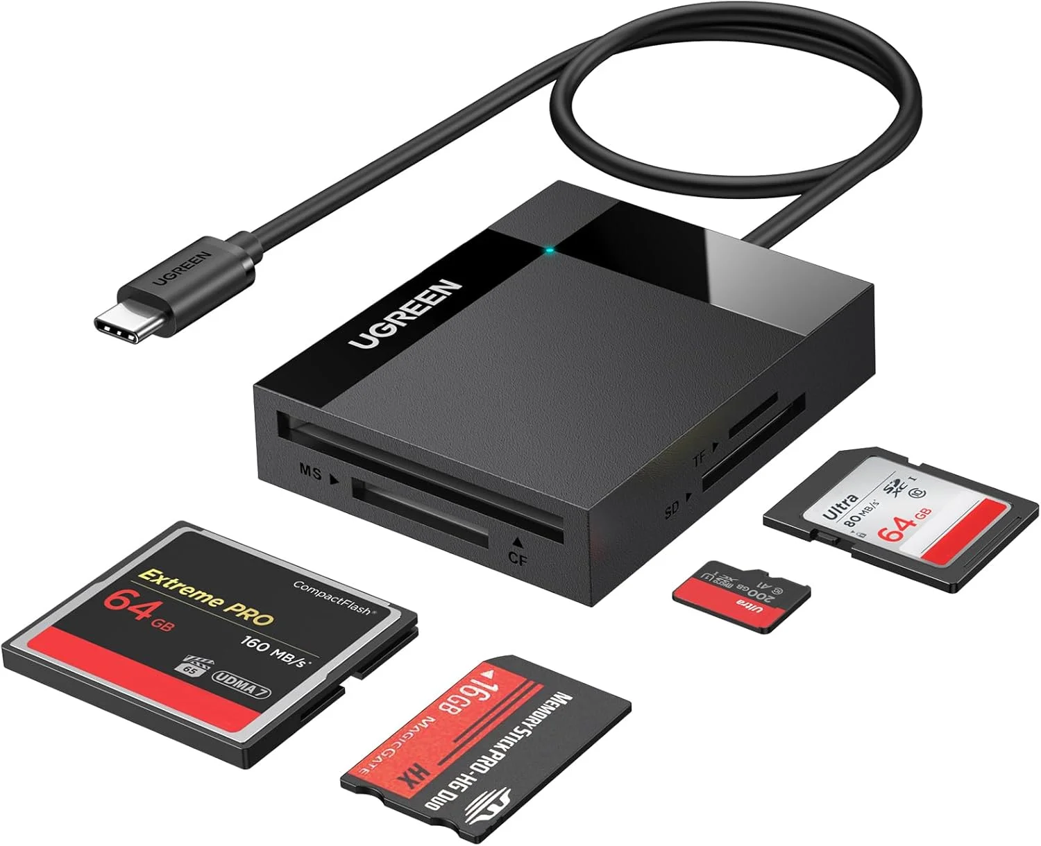 آداپتور کارت حافظه USB C UGREEN، کارت خوان 4 در 1 اکسترنال برای کارت های حافظه SD Micro MS CF TF Compact Flash دوربین، سازگار با آیفون سری 17، سامسونگ S25 Ultra، هواوی، شیائومی، لپ تاپ و دوربین