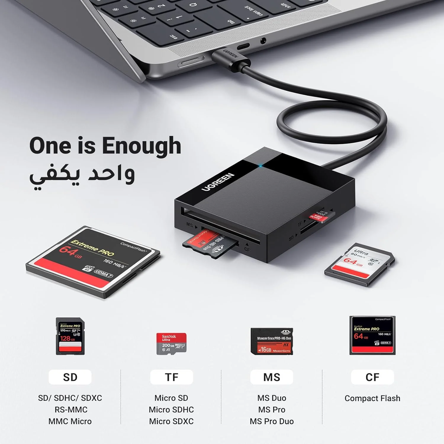 کارت خوان USB 3.0 یوگرین 4 در 1، آداپتور کارت حافظه میکرو SD با سرعت 5 گیگابیت بر ثانیه برای CF, CFI, TF, SDXC, SDHC, MMC, RS-MMC, SDXC, Micro SDHC, UHS-I - مشکی