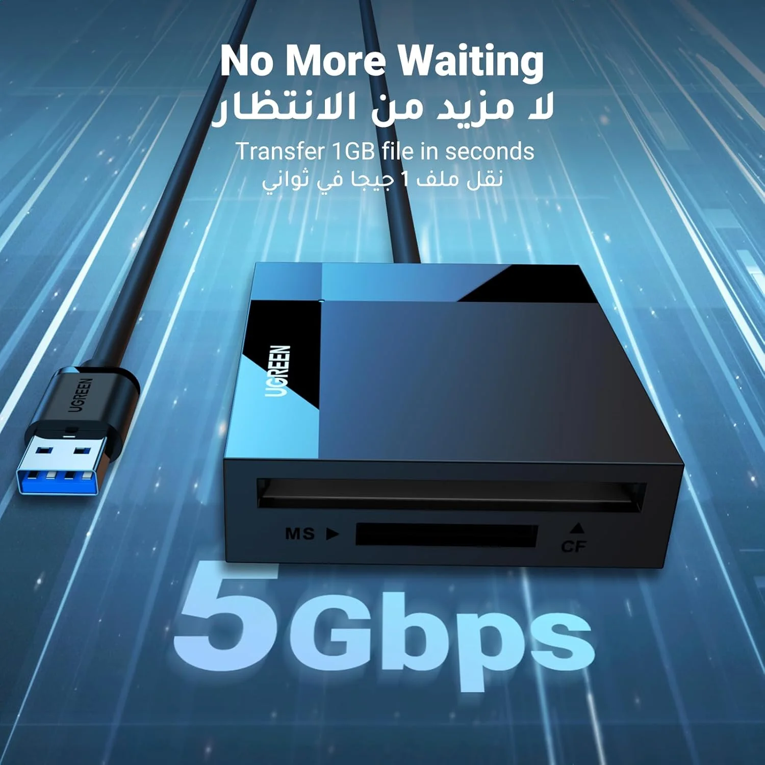 کارت خوان USB 3.0 یوگرین 4 در 1، آداپتور کارت حافظه میکرو SD با سرعت 5 گیگابیت بر ثانیه برای CF, CFI, TF, SDXC, SDHC, MMC, RS-MMC, SDXC, Micro SDHC, UHS-I - مشکی