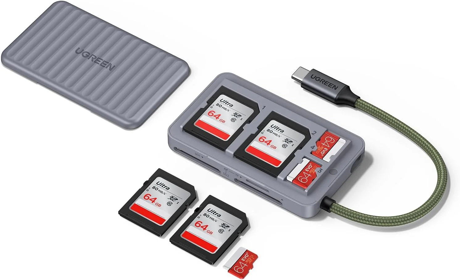 کارت خوان USB C به SD UGREEN با قابلیت ذخیره کارت SD، آداپتور کارت خوان حافظه پرسرعت با محفظه نگهدارنده 4 کارته مناسب برای دوربین ها، کارت SD/Micro SD سازگار با آیفون 17، گلکسی و غیره