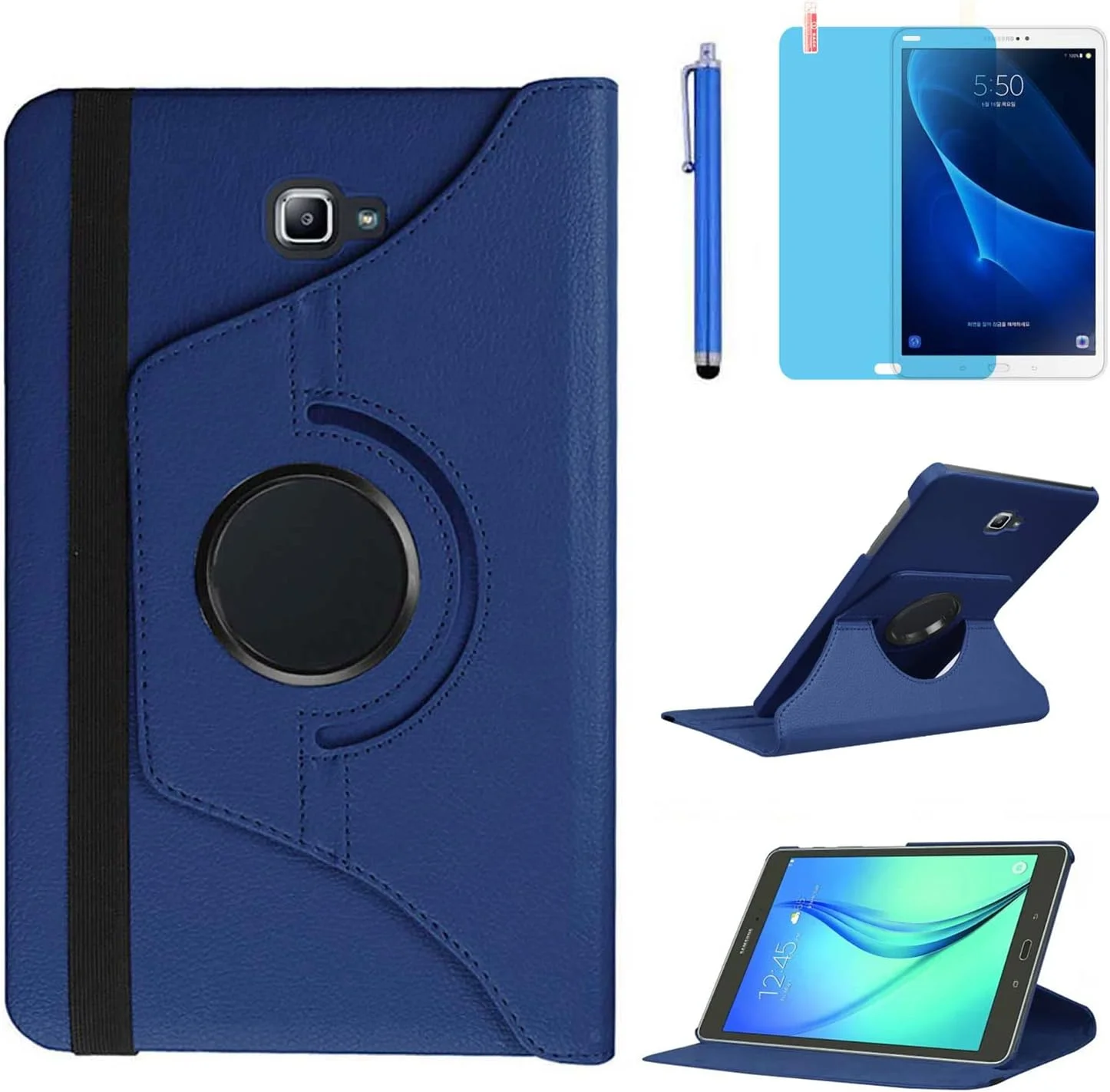 کاور تبلت سامسونگ گلکسی تب A 10.1 اینچ 2016 (SM-T580 T585 T587)، کاور محافظ هوشمند با قابلیت چرخش 360 درجه و استند، به همراه قلم استایلوس و محافظ صفحه نمایش (آبی تیره) کاور تبلت سامسونگ گلکسی تب A 10.1 اینچ 2016 (SM-T580 T585 T587)، کاور محافظ هوشمند با قابلیت چرخش 360 درجه و استند، به همراه قلم استایلوس و محافظ صفحه نمایش (آبی تیره)