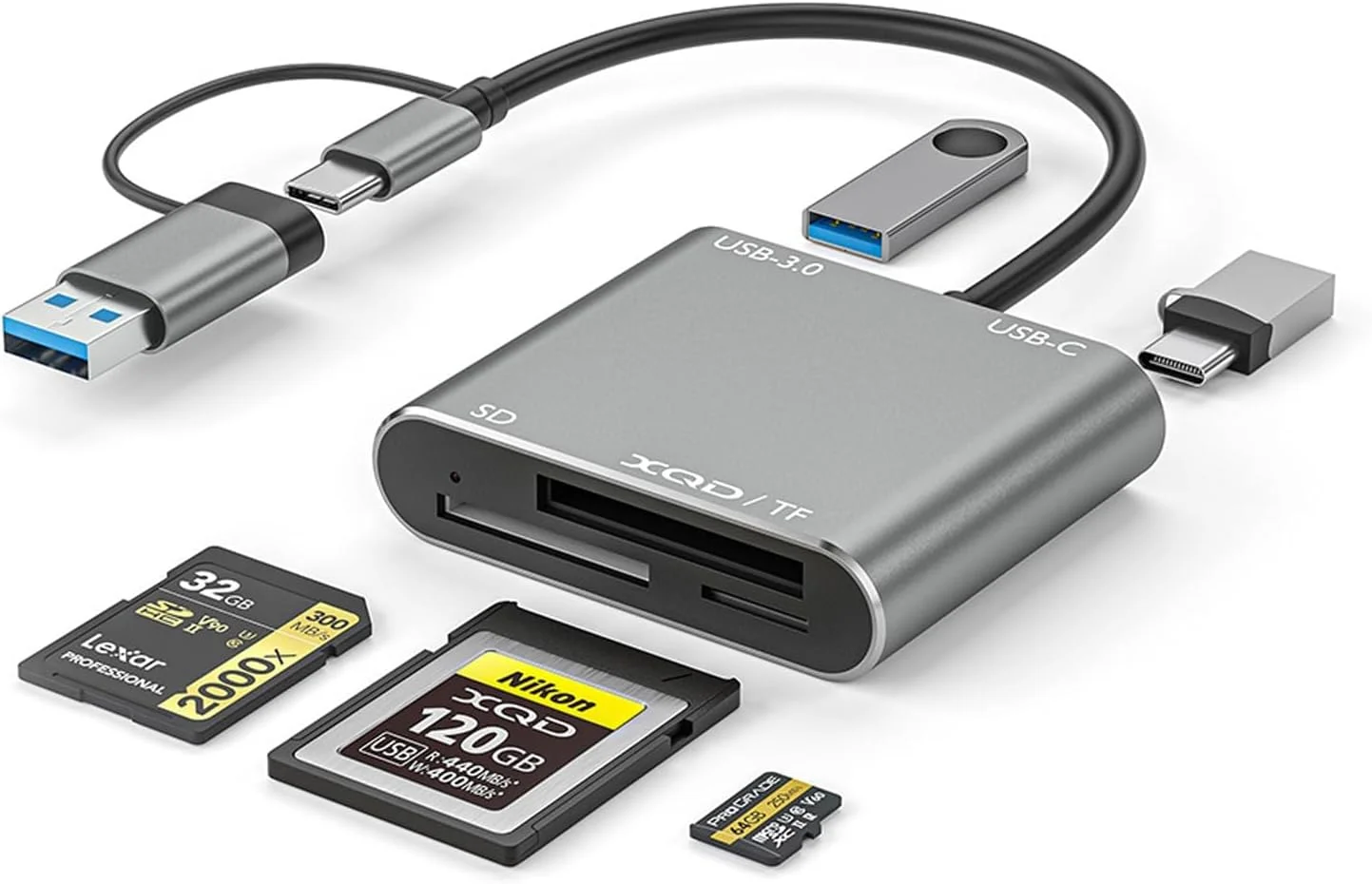 کارت خوان 5 در 1 KASTWAVE XQD با پورت USB C، کارت خوان اکسترنال چند پورت دو اسلات SD/TF هاب USB سازگار با لپ تاپ Type-C، پشتیبانی از ویندوز/مک OS/اندروید (10 گیگابیت بر ثانیه)