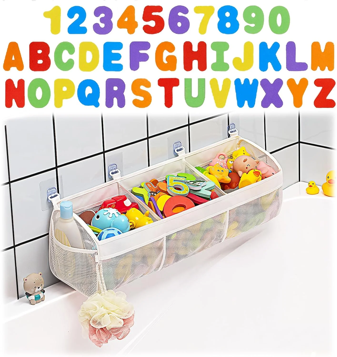 محفظه توری نگهداری اسباب بازی حمام - سازمان دهنده اسباب بازی حمام با ظرفیت بزرگ و دهانه های بزرگ، نگهدارنده اسباب بازی وان حمام برای دسترسی آسان به اسباب بازی ها - به همراه 36 عدد حروف و اعداد فومی نرم ABC، سفید