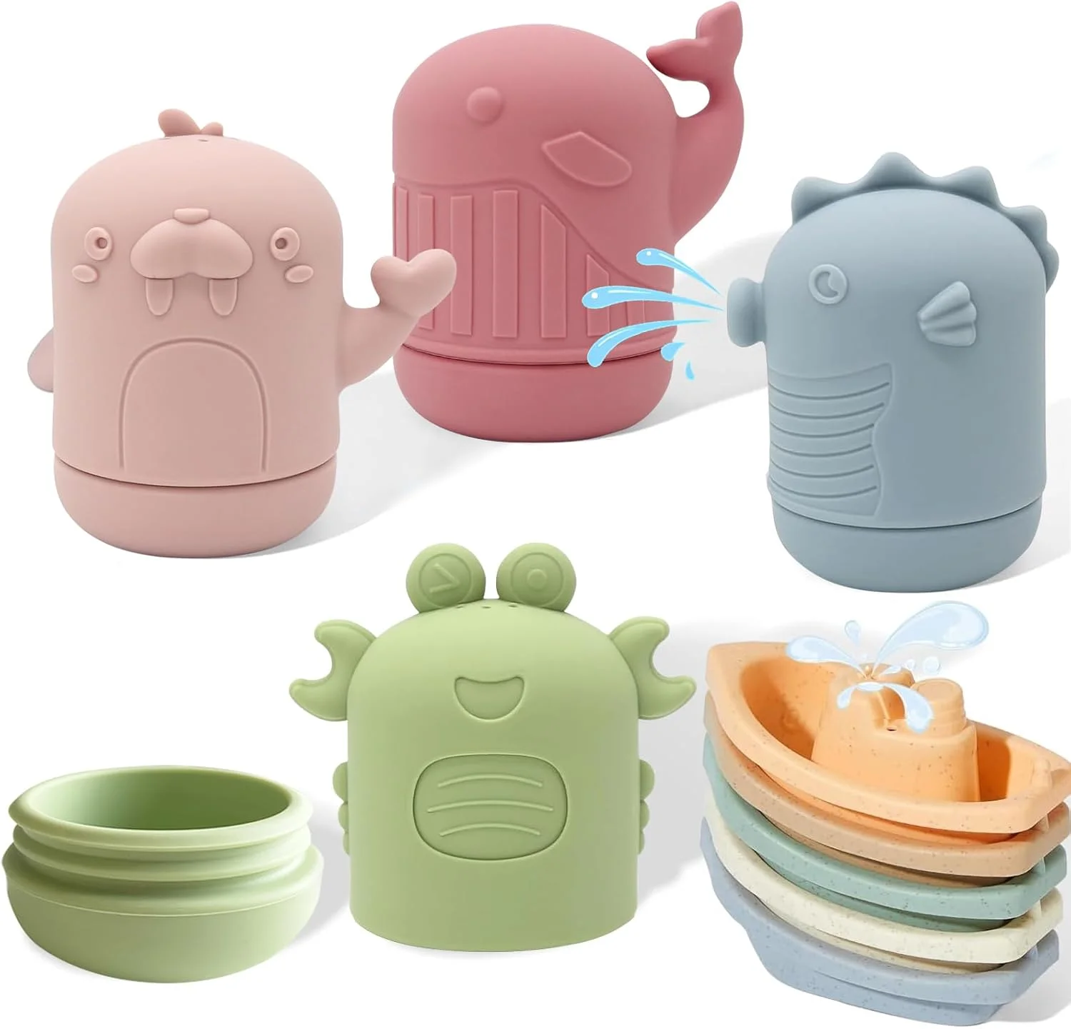 مجموعه 9 عددی اسباب بازی حمام، اسباب بازی حمام سیلیکونی، اسباب بازی حمام کودک، حیوانات آب پاش، قایق، اسباب بازی آبی، هدیه برای نوزادان و کودکان نوپا از 6 ماهگی، 1 سالگی، اقیانوس