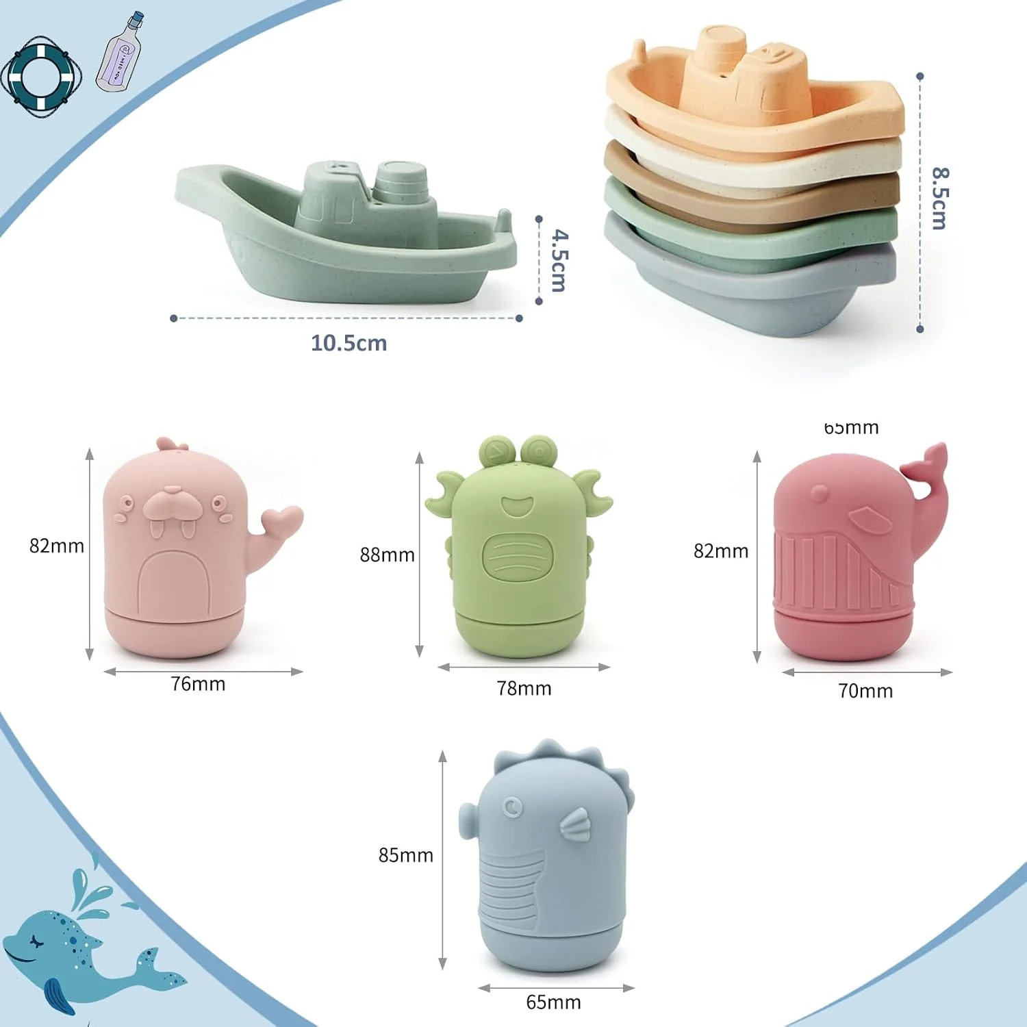مجموعه 9 عددی اسباب بازی حمام، اسباب بازی حمام سیلیکونی، اسباب بازی حمام کودک، حیوانات آب پاش، قایق، اسباب بازی آبی، هدیه برای نوزادان و کودکان نوپا از 6 ماهگی، 1 سالگی، اقیانوس