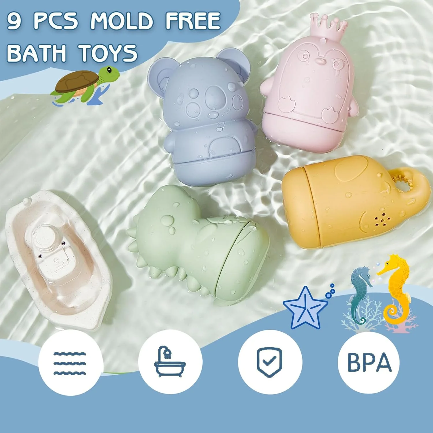 بسته 9 عددی اسباب بازی حمام، اسباب بازی حمام، اسباب بازی حمام سیلیکونی، اسباب بازی حمام کودک، حیوانات آب پاش، قایق، اسباب بازی آبی، هدیه برای نوزادان، کودکان نوپا از 0 سال، 6 ماه، 1 سال
