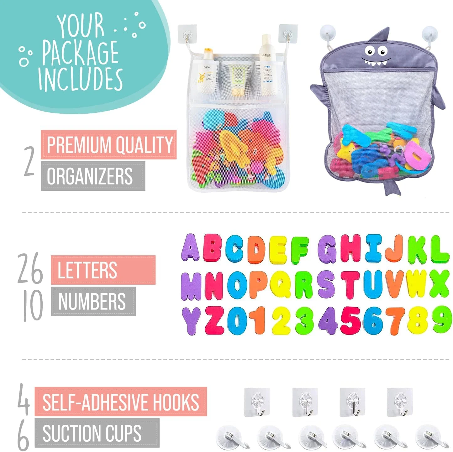 ارگانایزر اسباب بازی حمام کودک Comfylife - کوسه + 36 حروف و اعداد حمام + تور اضافی برای نگهداری اسباب بازی حمام و 10 قلاب قوی، تور حمام عالی برای کودکان، ارگانایزر اسباب بازی وان حمام و راه حل سبد حمام/دوش ارگانایزر اسباب بازی حمام کودک Comfylife - کوسه + 36 حروف و اعداد حمام + تور اضافی برای نگهداری اسباب بازی حمام و 10 قلاب قوی، تور حمام عالی برای کودکان، ارگانایزر اسباب بازی وان حمام و راه حل سبد حمام/دوش