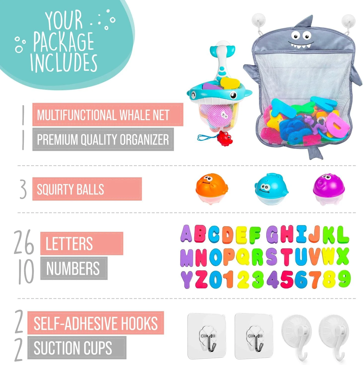 ارگانایزر اسباب بازی حمام کودک Comfylife - محفظه نگهداری اسباب بازی حمام برای دوش - شامل اسباب بازی های فومی (اعداد و حروف و اسباب بازی های آب پاش) + توری اضافی که به عنوان اسباب بازی نیز استفاده می شود ارگانایزر اسباب بازی حمام کودک Comfylife - محفظه نگهداری اسباب بازی حمام برای دوش - شامل اسباب بازی های فومی (اعداد و حروف و اسباب بازی های آب پاش) + توری اضافی که به عنوان اسباب بازی نیز استفاده می شود