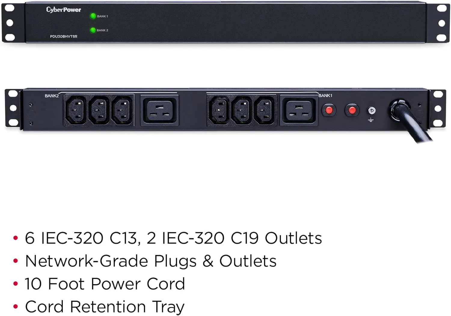 توزیع کننده برق سایبرپاور PDU30BHVT8R، پایه، 208-230 ولت/30 آمپر (کاهش یافته به 24 آمپر)، 8 خروجی، کابل برق 3 متری، نصب در رک 1U توزیع کننده برق سایبرپاور PDU30BHVT8R، پایه، 208-230 ولت/30 آمپر (کاهش یافته به 24 آمپر)، 8 خروجی، کابل برق 3 متری، نصب در رک 1U