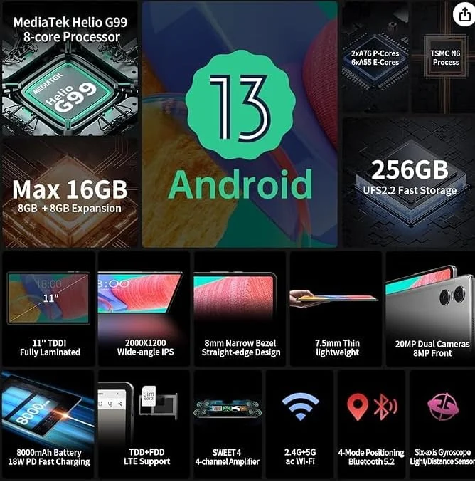 تبلت Teclat T50 PRO MAX با 16 گیگابایت رم + 256 گیگابایت حافظه داخلی، صفحه نمایش 11 اینچی 2K اندروید 13 با رزولوشن 2000x1200، پردازنده MTK G99 هشت هسته ای، شبکه 4G، درگاه Type-C و شارژ سریع 18 واتی تبلت Teclat T50 PRO MAX با 16 گیگابایت رم + 256 گیگابایت حافظه داخلی، صفحه نمایش 11 اینچی 2K اندروید 13 با رزولوشن 2000x1200، پردازنده MTK G99 هشت هسته ای، شبکه 4G، درگاه Type-C و شارژ سریع 18 واتی