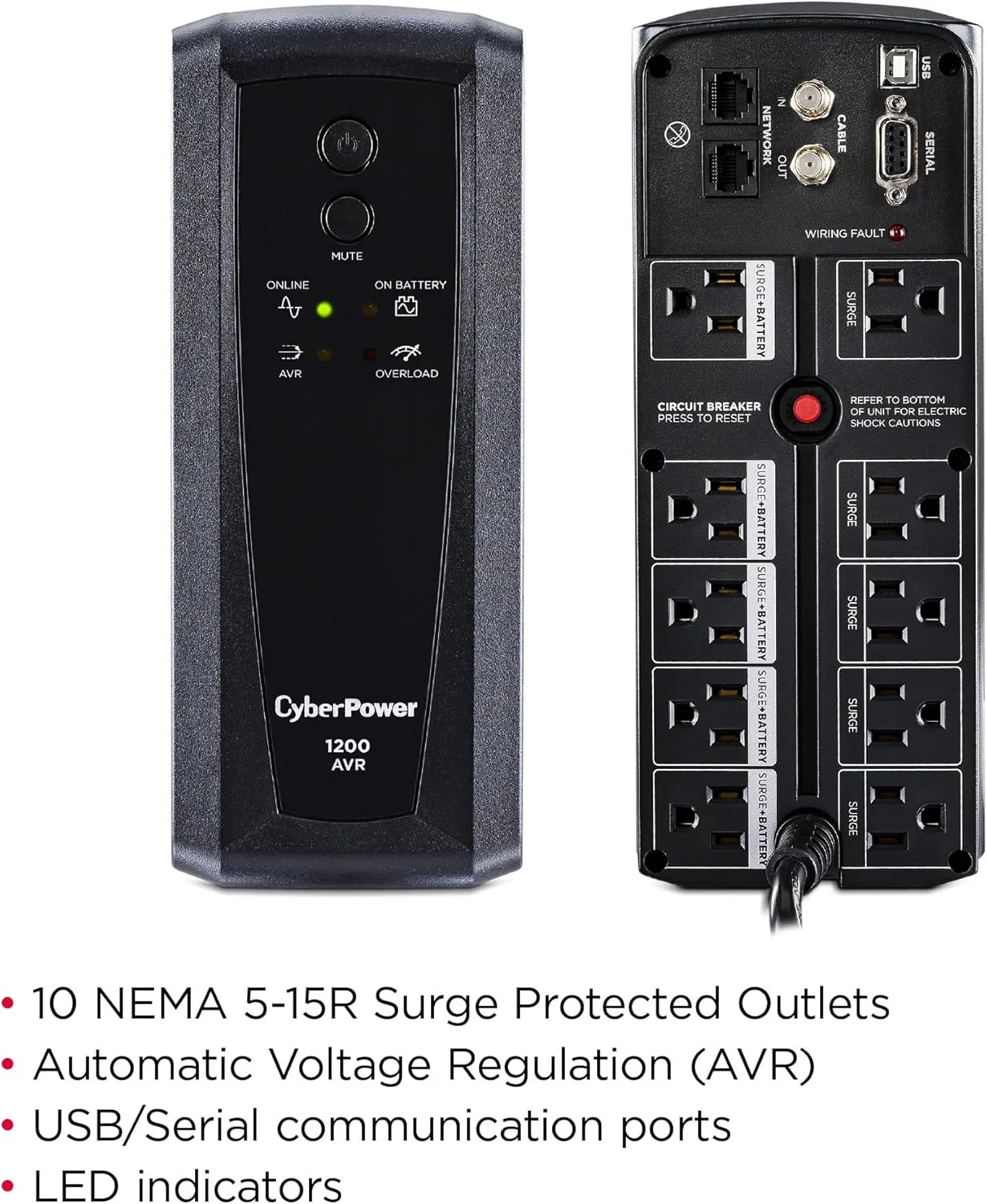 سیستم یو پی اس CyberPower CP1200AVR AVR، 1200VA/720W، 10 خروجی، مینی تاور سیستم یو پی اس CyberPower CP1200AVR AVR، 1200VA/720W، 10 خروجی، مینی تاور