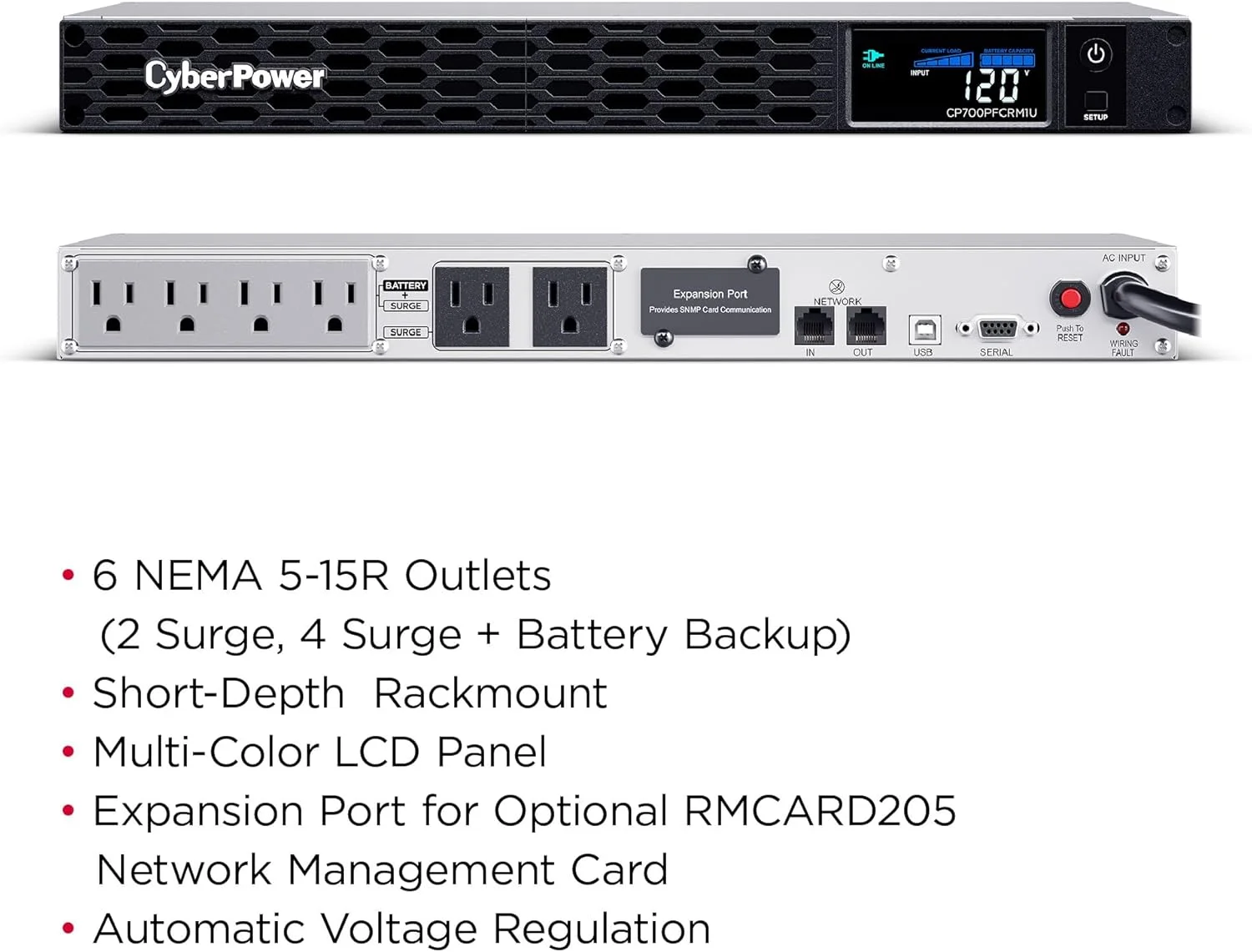 منبع تغذیه بدون وقفه سینوسی CyberPower CP700PFCRM1U با محافظ برق و باتری، 700VA/400W، 6 خروجی، AVR، نصب در رک 1U; دارای گواهی UL منبع تغذیه بدون وقفه سینوسی CyberPower CP700PFCRM1U با محافظ برق و باتری، 700VA/400W، 6 خروجی، AVR، نصب در رک 1U; دارای گواهی UL
