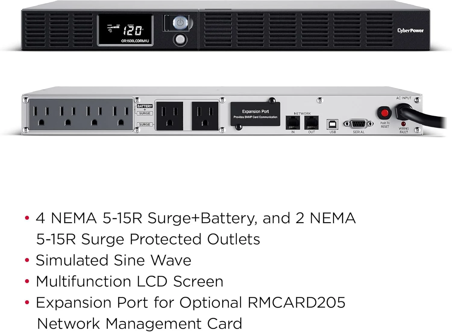 سیستم یو پی اس هوشمند ال سی دی سایبرپاور مدل OR1500LCDRM1U با ظرفیت 1500VA - توان 1500VA/900W - دارای 6 خروجی NEMA 5-15R - محافظت از باتری و نوسانات برق - دارای سیستم AVR - طراحی 1U مناسب رک - رنگ مشکی سیستم یو پی اس هوشمند ال سی دی سایبرپاور مدل OR1500LCDRM1U با ظرفیت 1500VA - توان 1500VA/900W - دارای 6 خروجی NEMA 5-15R - محافظت از باتری و نوسانات برق - دارای سیستم AVR - طراحی 1U مناسب رک - رنگ مشکی