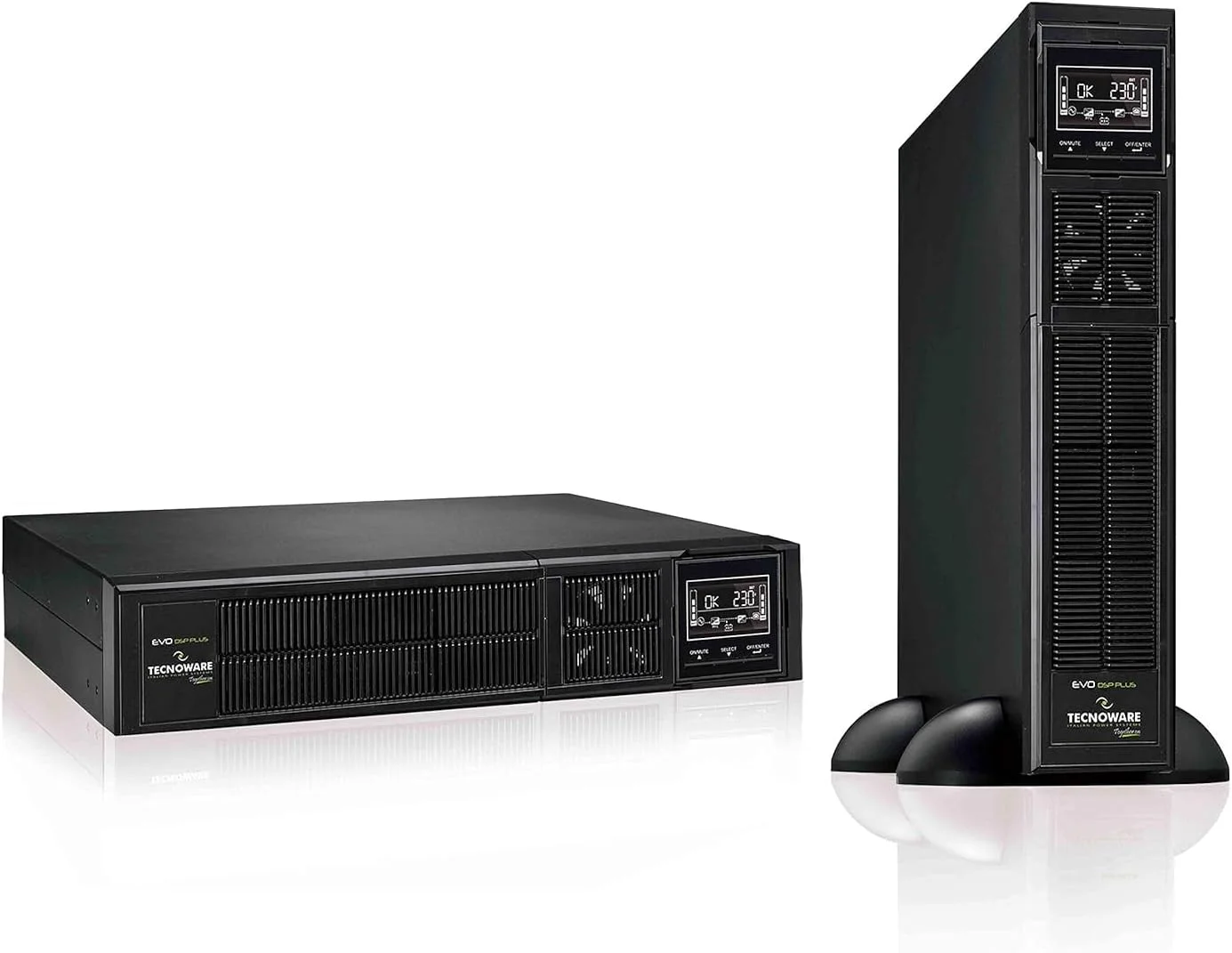 یو پی اس تکنوور EVO DSP PLUS 2,400 RACK TOWER - توان 2,400 ولت آمپر PF 0.9. تکنولوژی آنلاین (VFI) DSP، بازدهی 94٪، ورودی/خروجی 230 / 230Vac 50 / 60Hz، خروجی سوکت های IEC