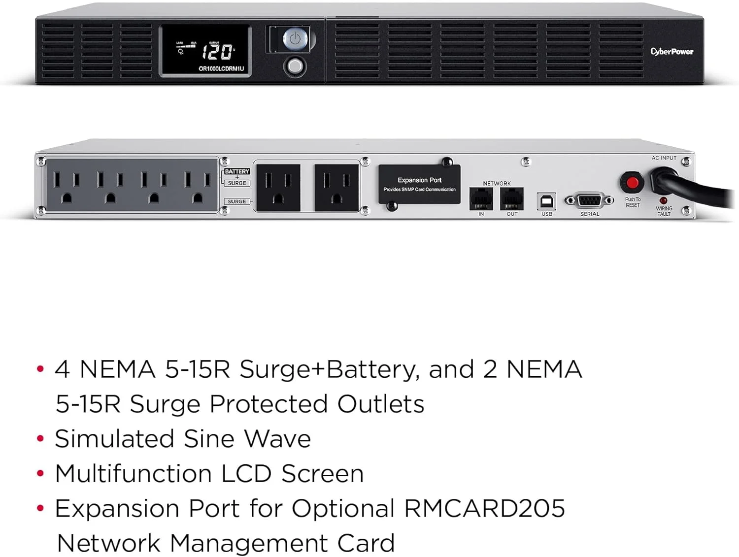 سیستم یو پی اس هوشمند ال سی دی CyberPower OR1000LCDRM1U - 1000VA/600W - 3 دقیقه در بار کامل - 4 عدد NEMA 5-15R - محافظت شده با باتری/محافظت در برابر نوسانات برق_ 2 عدد NEMA 5-15R - محافظت در برابر نوسانات برق سیستم یو پی اس هوشمند ال سی دی CyberPower OR1000LCDRM1U - 1000VA/600W - 3 دقیقه در بار کامل - 4 عدد NEMA 5-15R - محافظت شده با باتری/محافظت در برابر نوسانات برق_ 2 عدد NEMA 5-15R - محافظت در برابر نوسانات برق